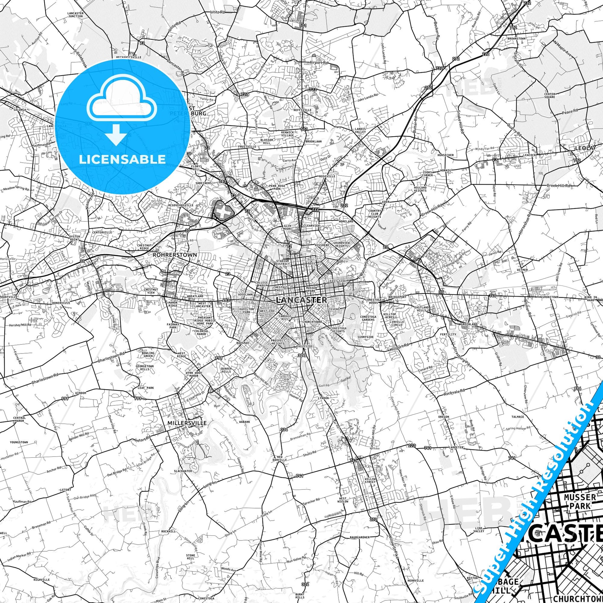 Lancaster, Pennsylvania light map with streetnames, citynames and districts