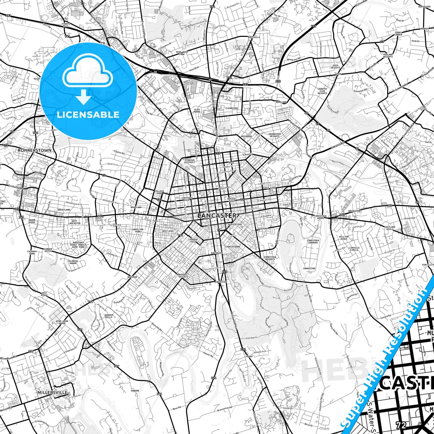 Lancaster, Pennsylvania Light Map with Street Names, City Names, and Districts