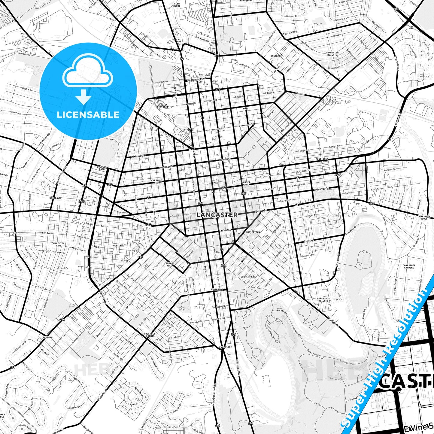 Lancaster, Pennsylvania Light Map with Street Names, City Names, and Districts