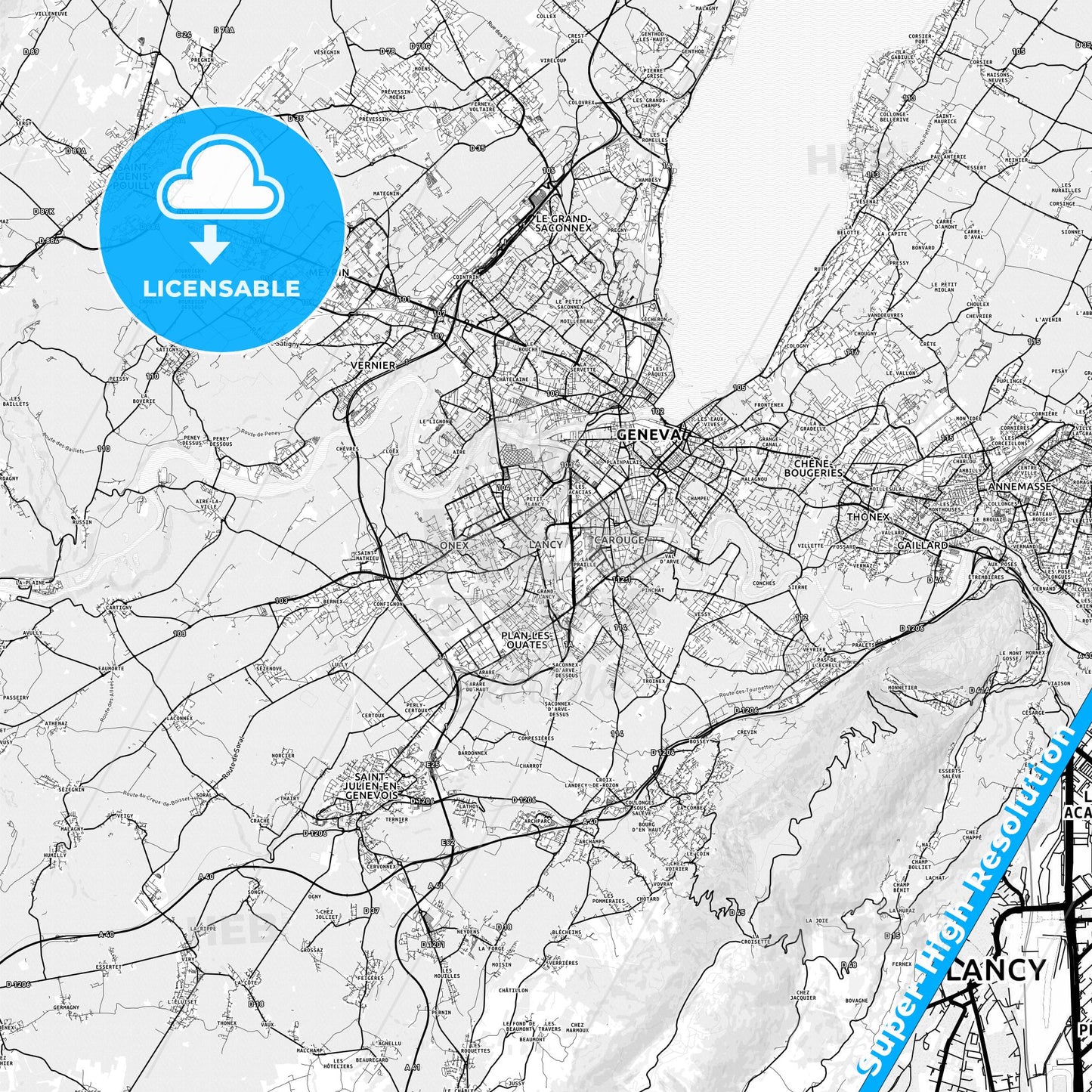 Lancy, Switzerland light map with streetnames, citynames and districts