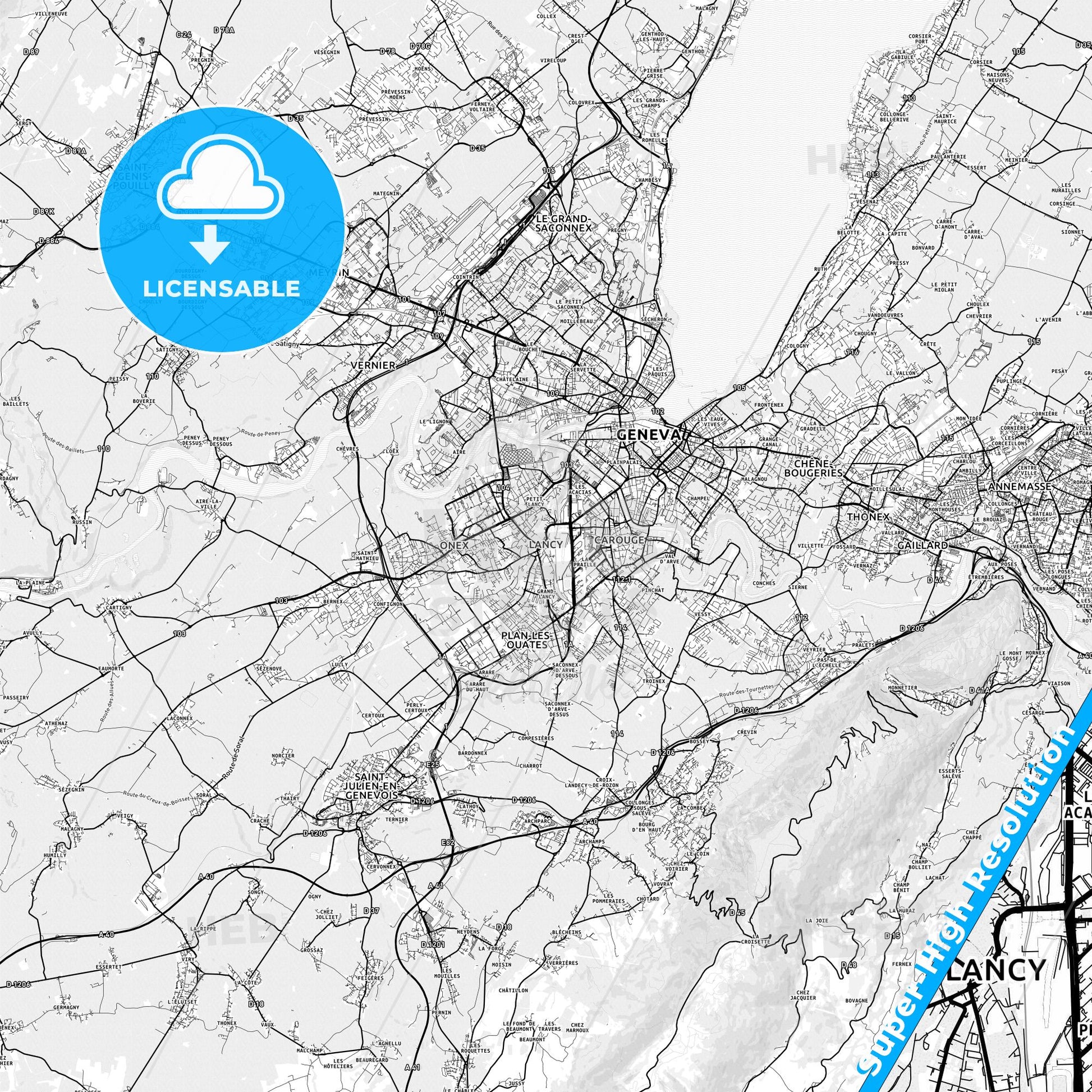 Lancy, Switzerland light map with streetnames, citynames and districts