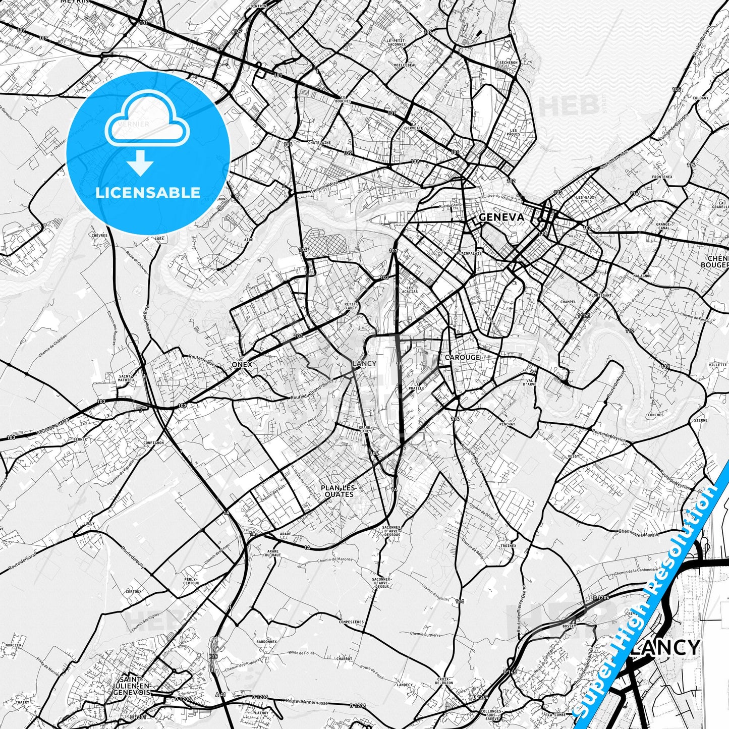 Lancy, Switzerland Light Map with Street Names, City Names, and Districts