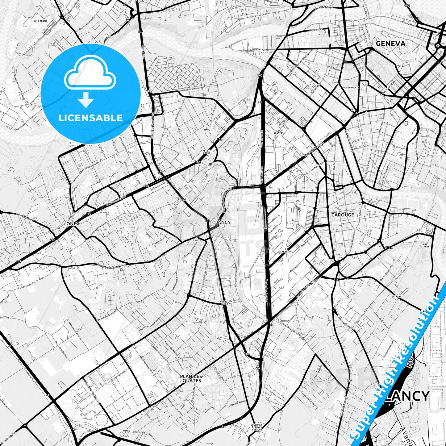 Lancy, Switzerland Light Map with Street Names, City Names, and Districts