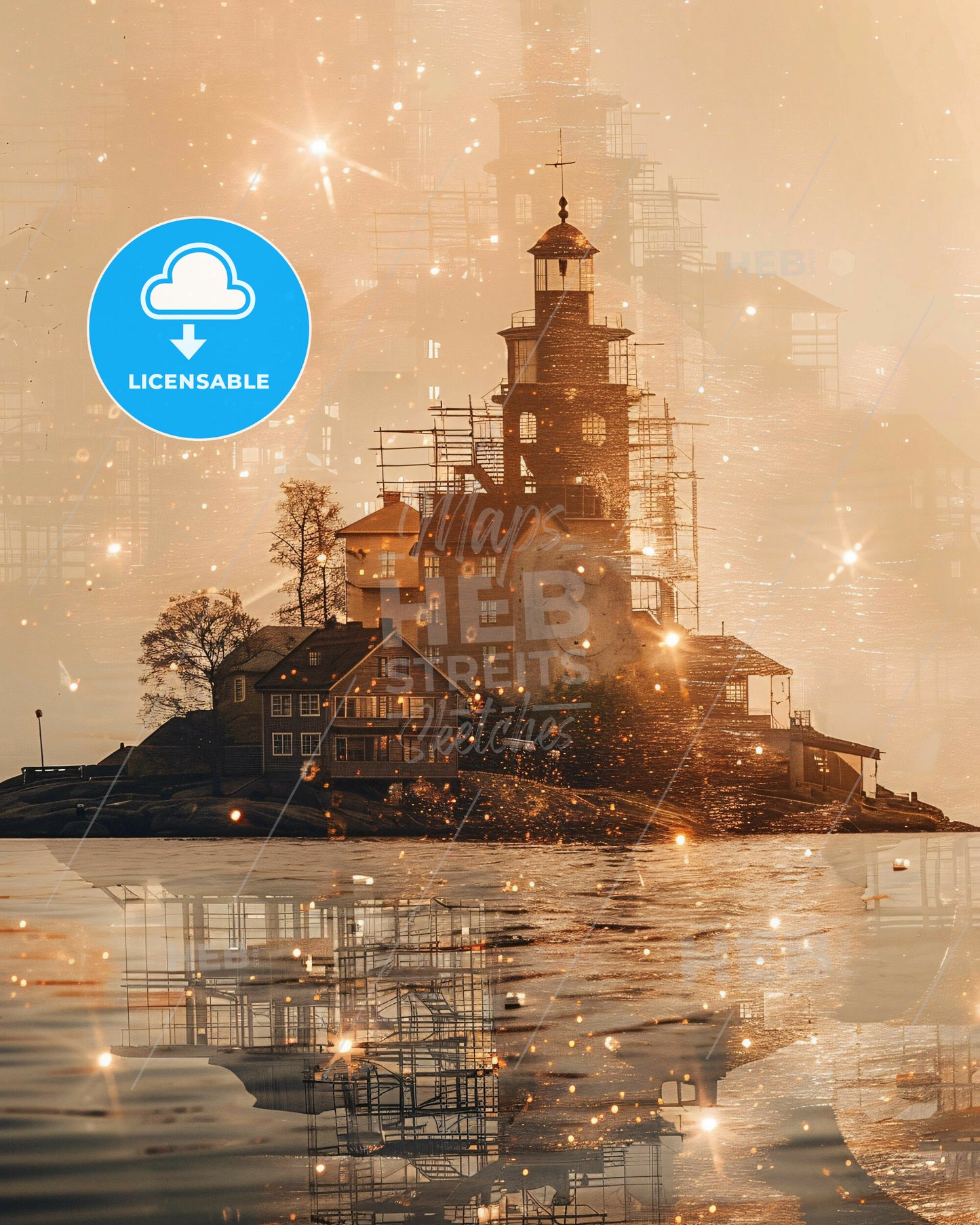 Öland Skyline Double Exposure Composite Art - A building on an island with scaffolding