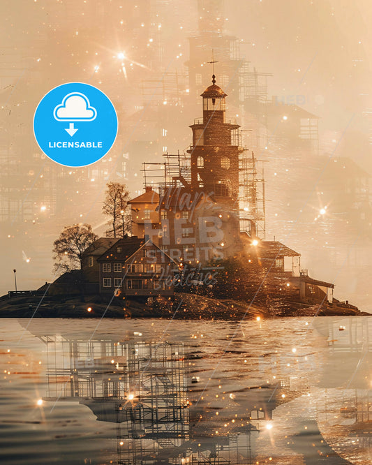 Öland Skyline Double Exposure Composite Art - A building on an island with scaffolding