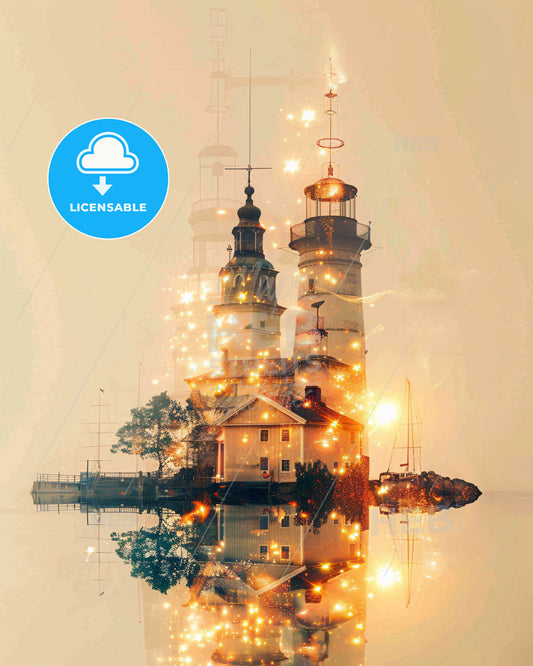 Oland Skyline Poster: Bright Local Art - A lighthouse and a house in the water