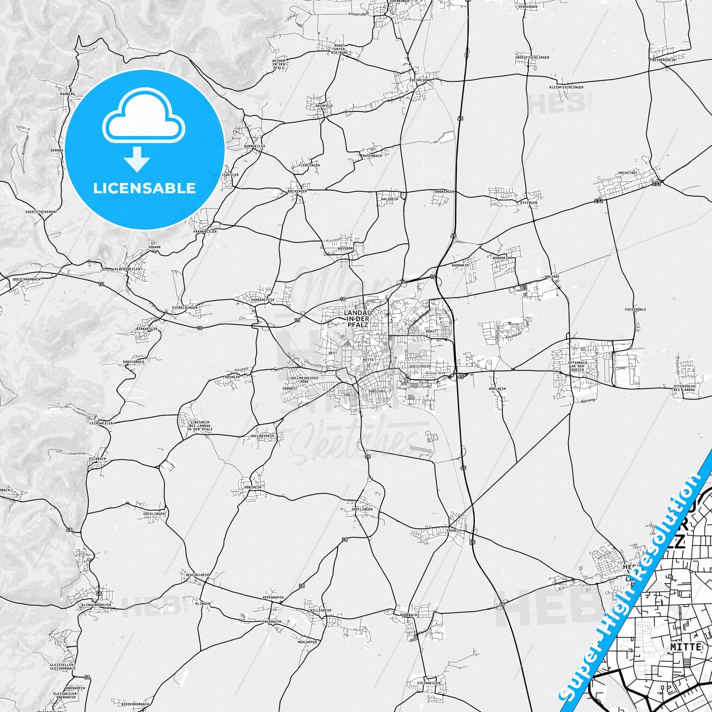 Landau in der Pfalz, Germany light map with streetnames, citynames and districts