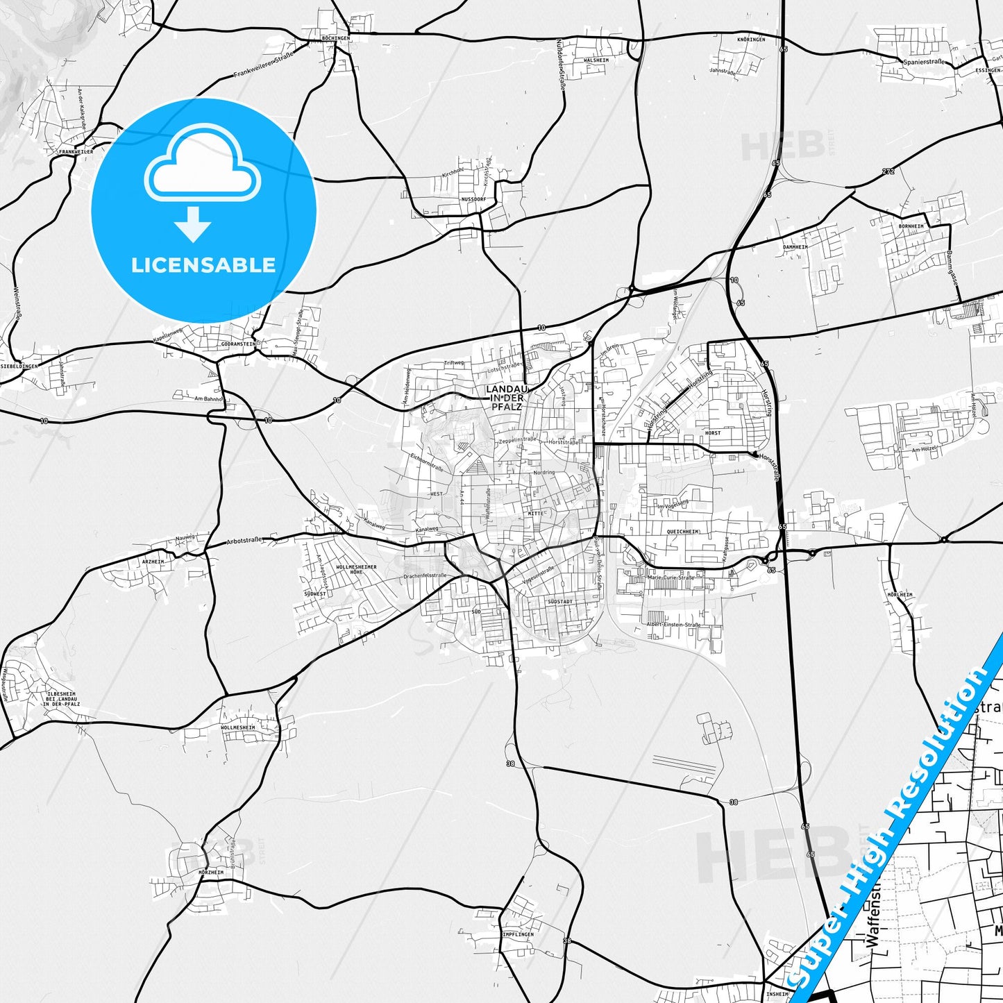 Landau in der Pfalz, Germany Light Map with Street Names, City Names, and Districts