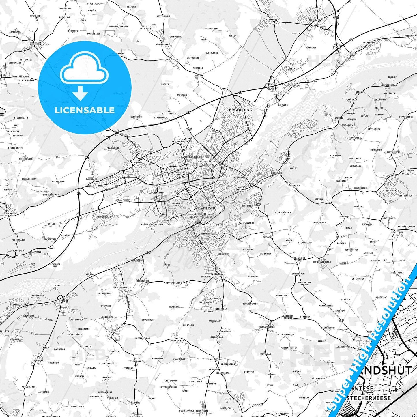 Landshut, Germany light map with streetnames, citynames and districts