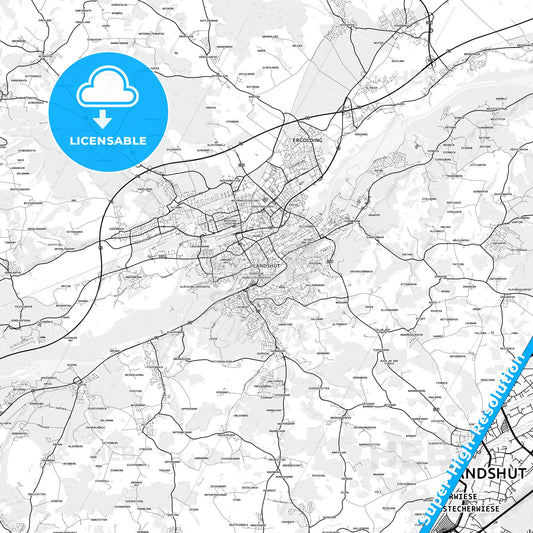 Landshut, Germany light map with streetnames, citynames and districts