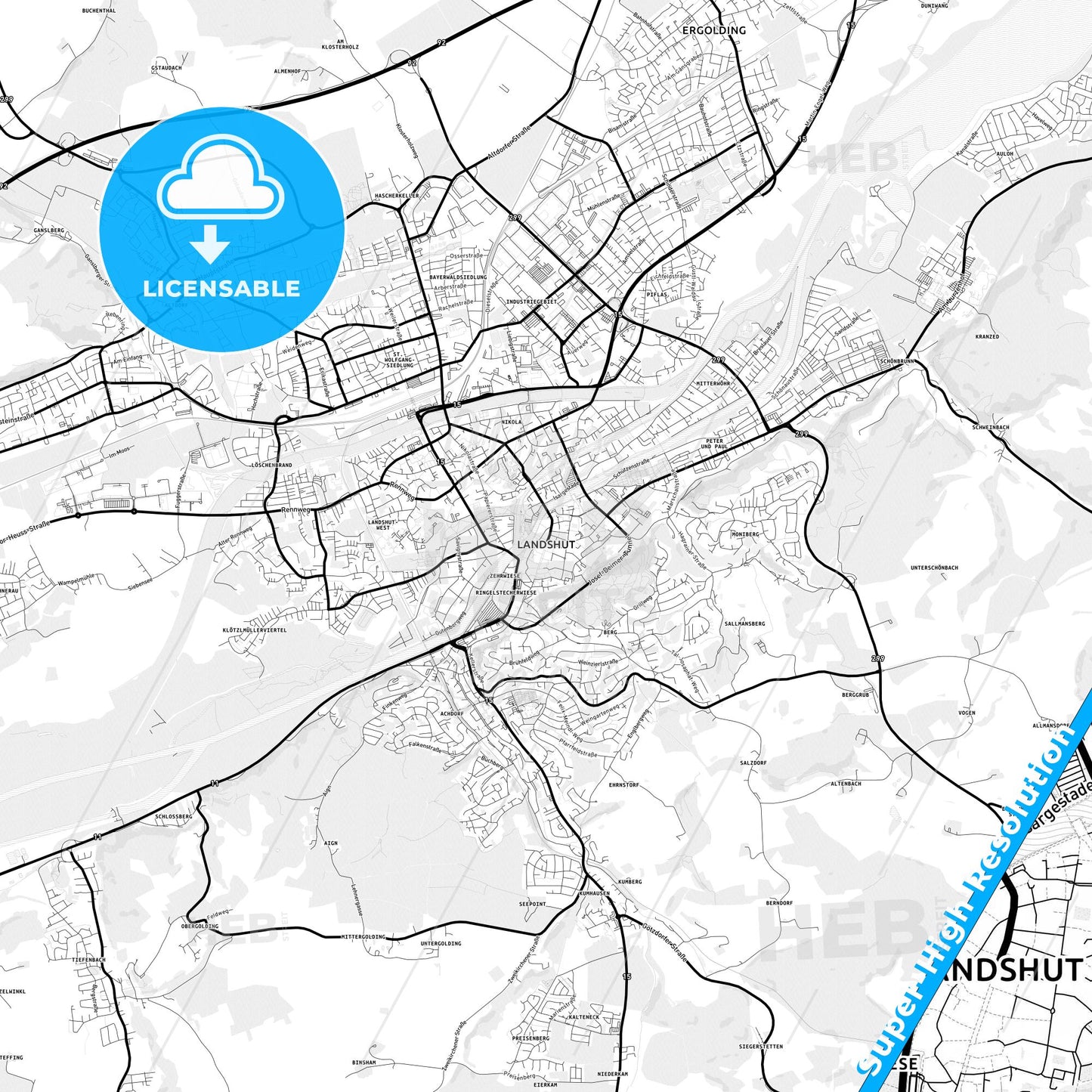Landshut, Germany Light Map with Street Names, City Names, and Districts