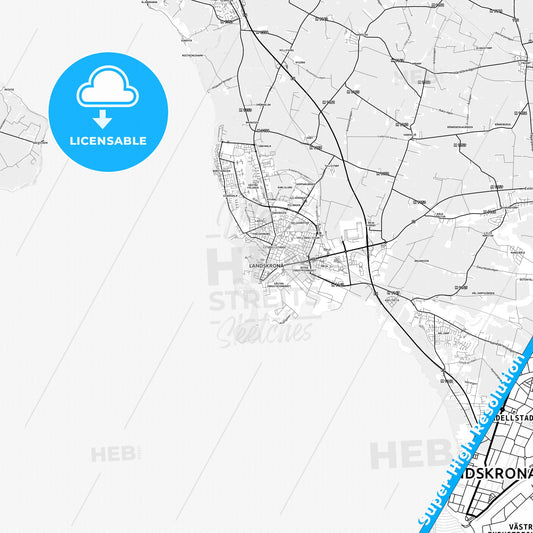 Landskrona, Sweden light map with streetnames, citynames and districts