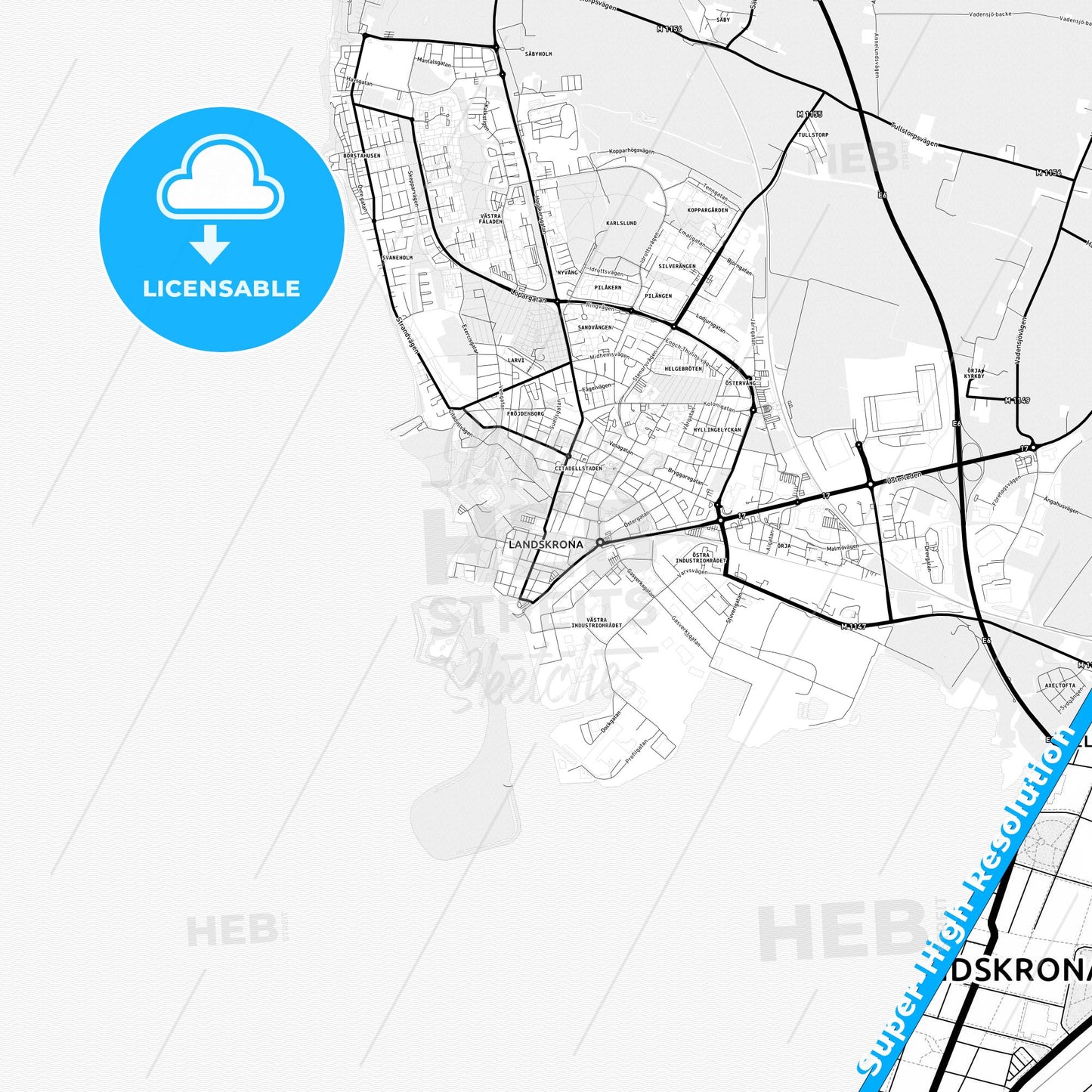 Landskrona, Sweden Light Map with Street Names, City Names, and Districts