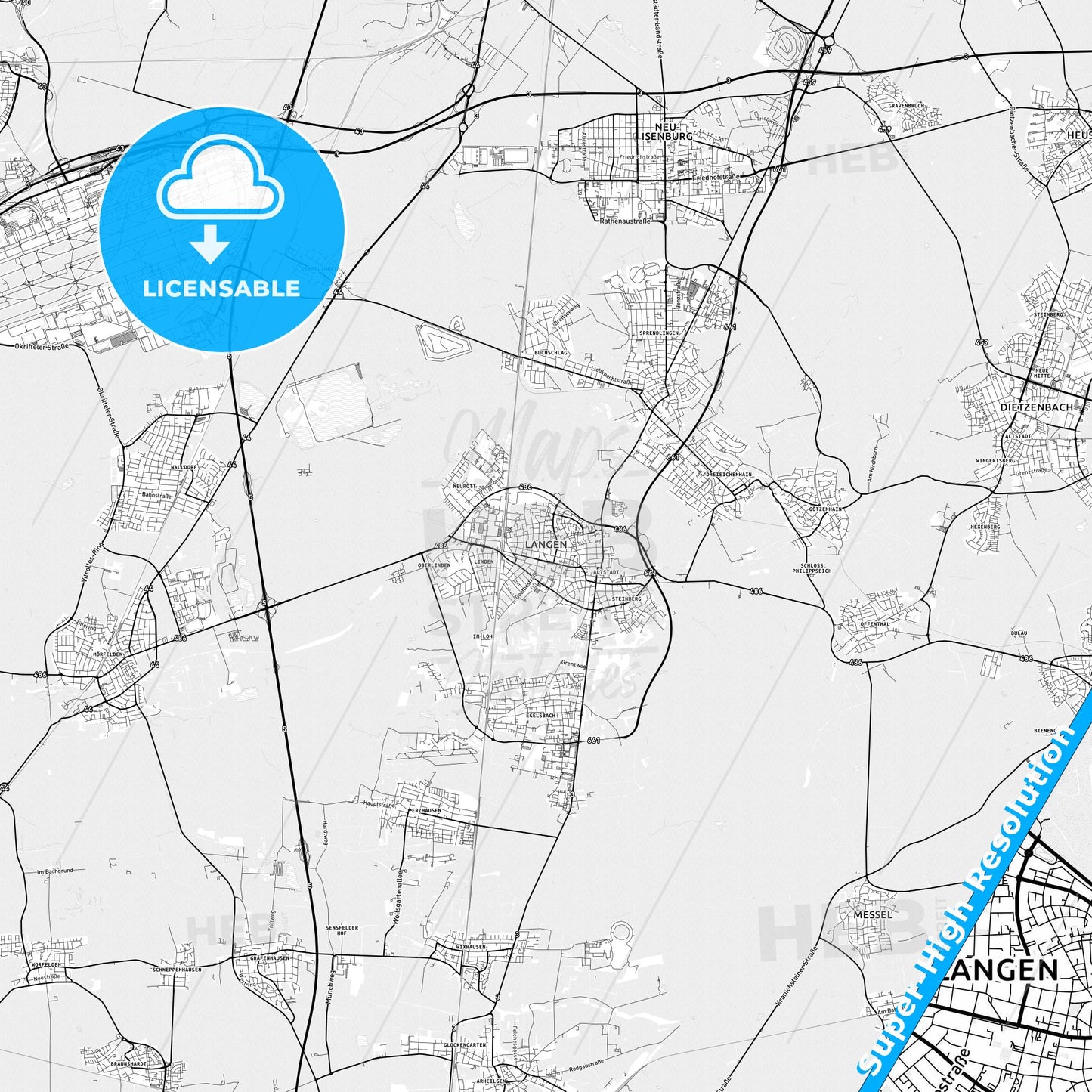 Langen, Germany light map with streetnames, citynames and districts