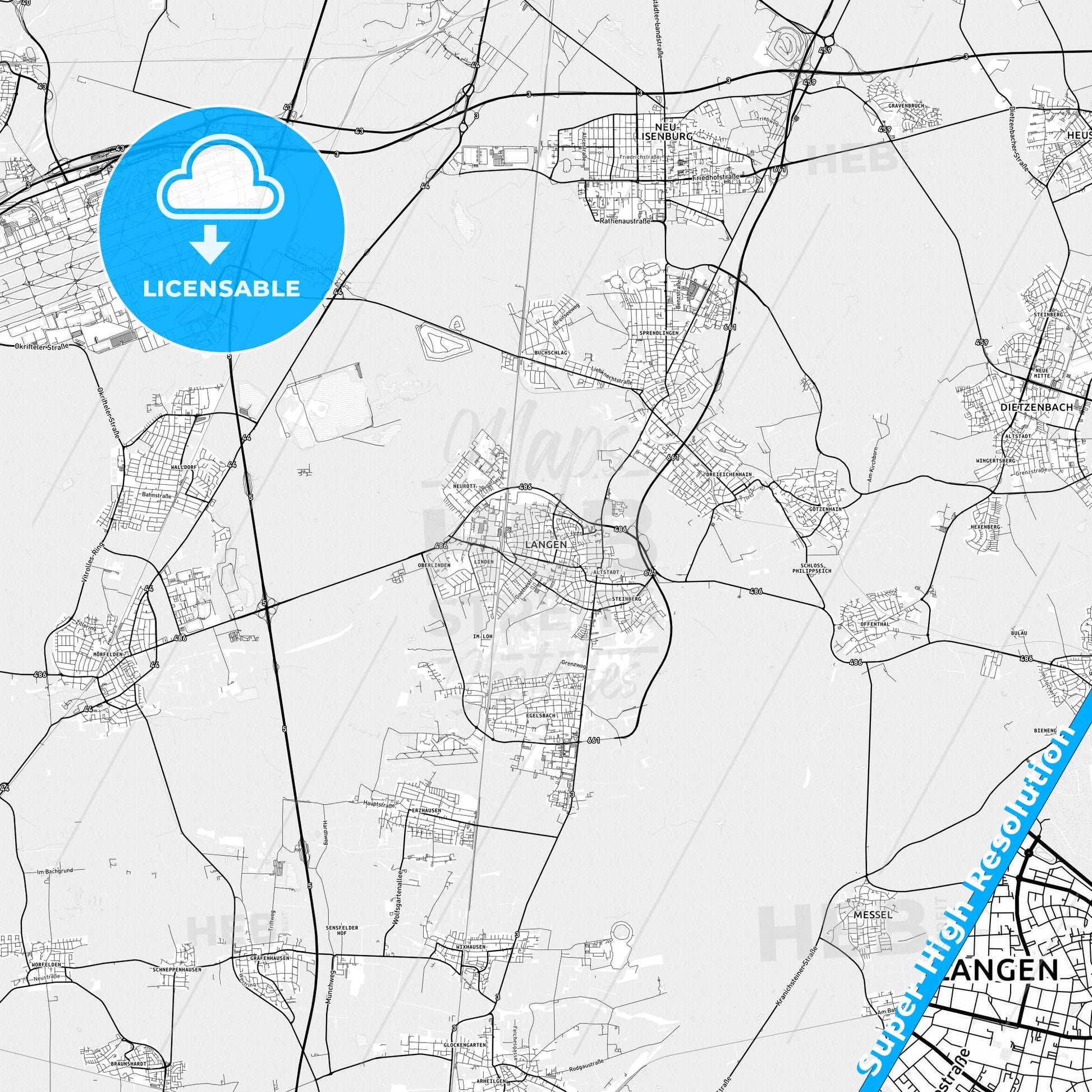 Langen, Germany light map with streetnames, citynames and districts