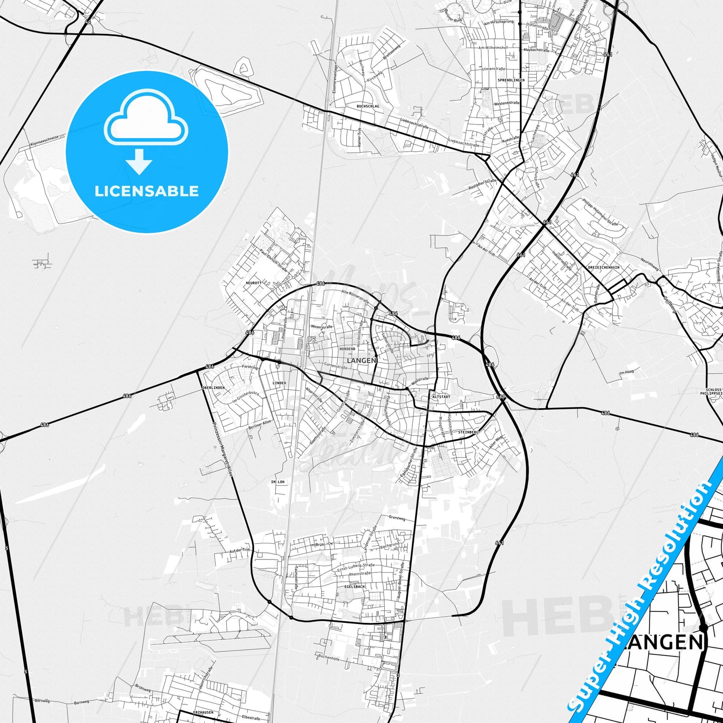 Langen, Germany Light Map with Street Names, City Names, and Districts