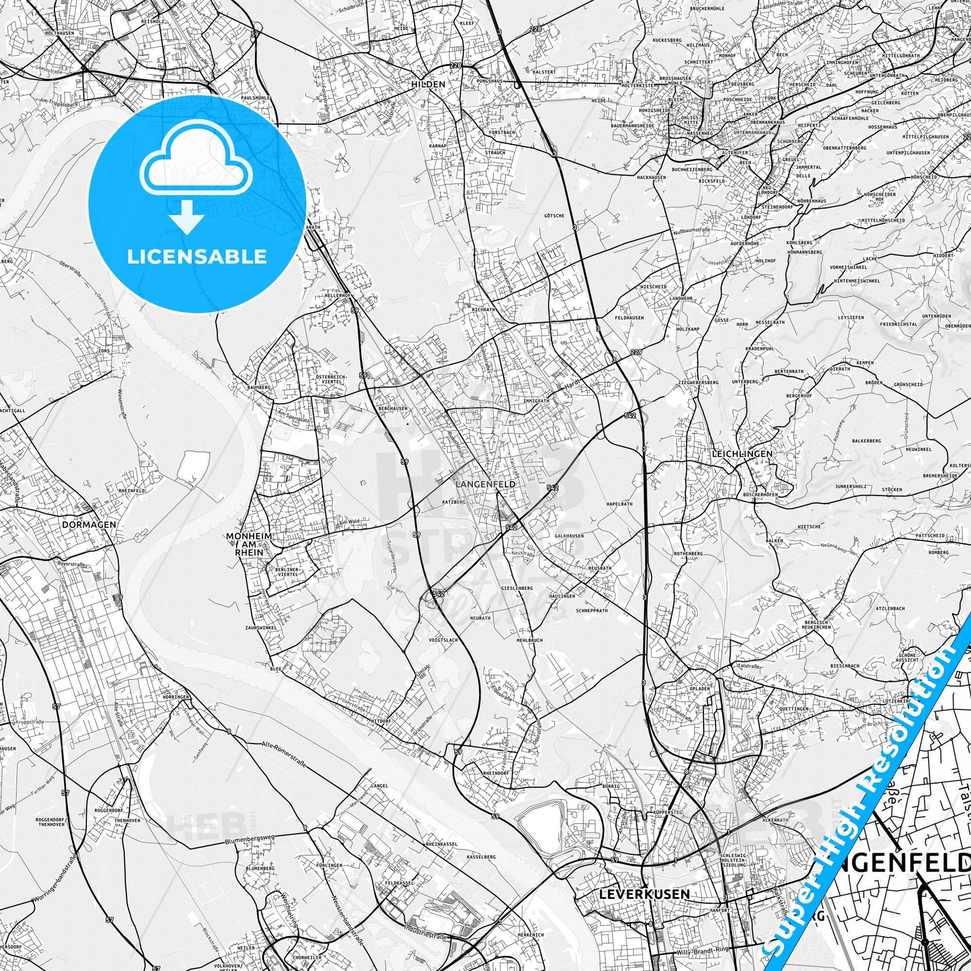 Langenfeld (Rheinland), Germany light map with streetnames, citynames and districts