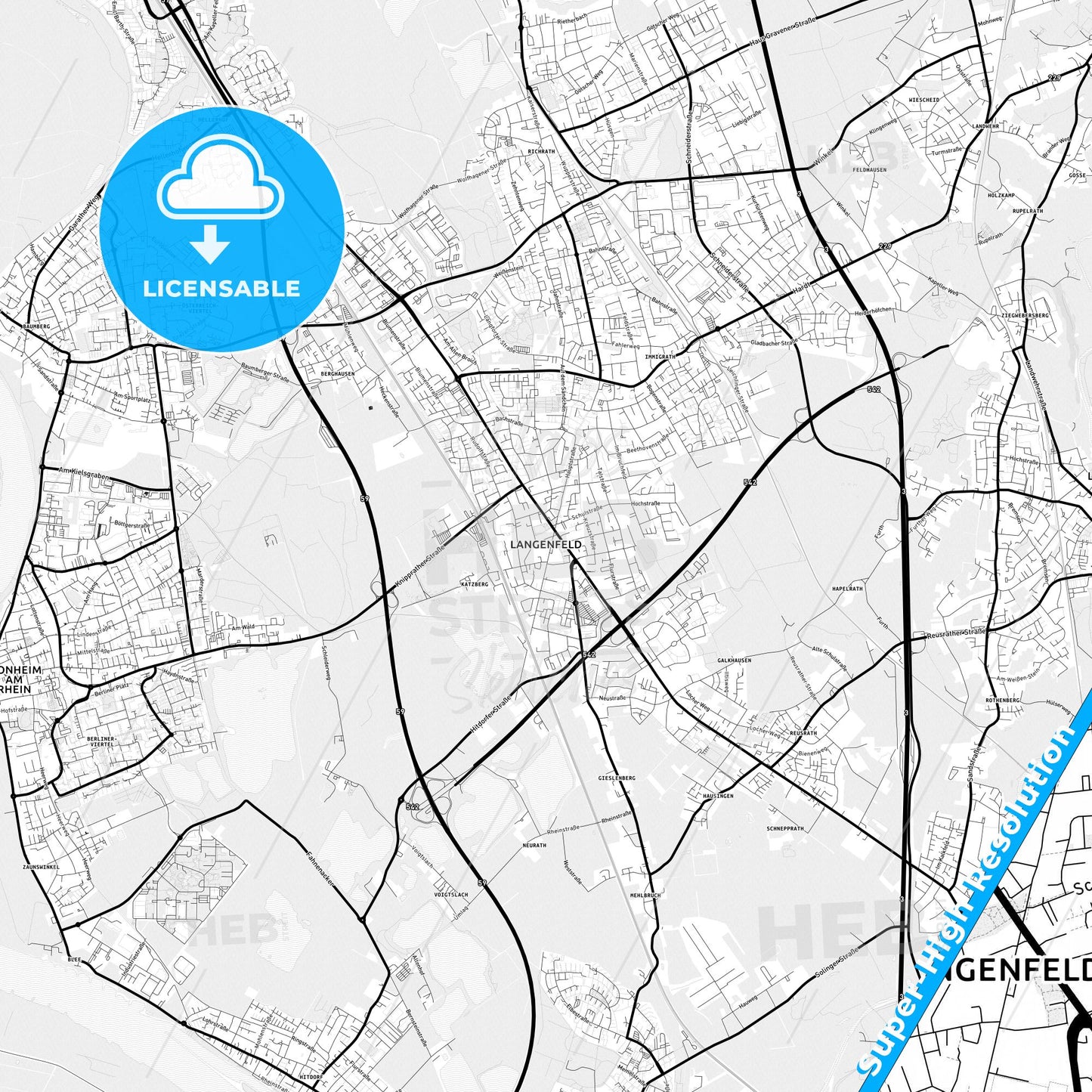 Langenfeld (Rheinland), Germany Light Map with Street Names, City Names, and Districts