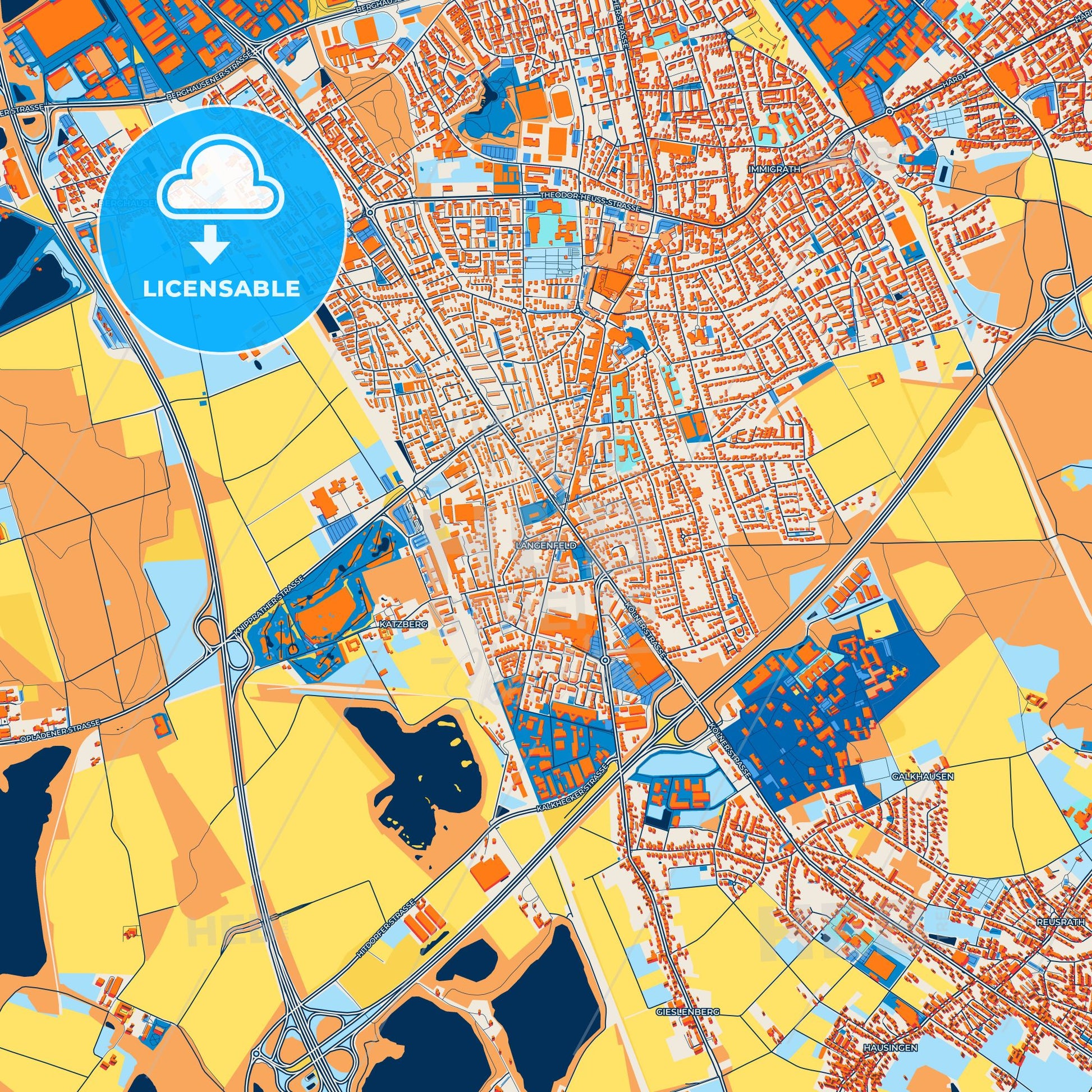 Colorful Langenfeld (Rheinland) Street Map with Labels and Buildings