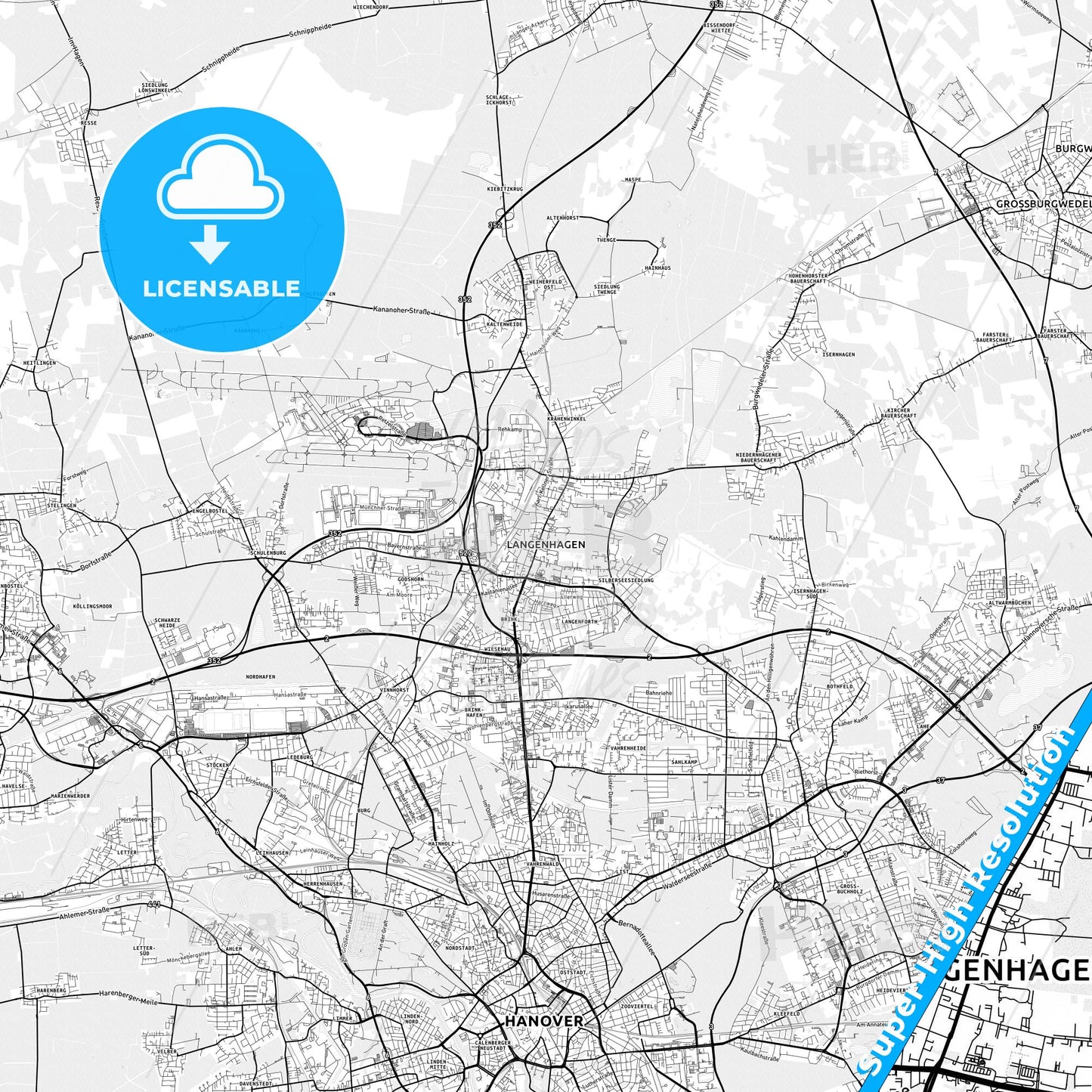 Langenhagen, Germany light map with streetnames, citynames and districts