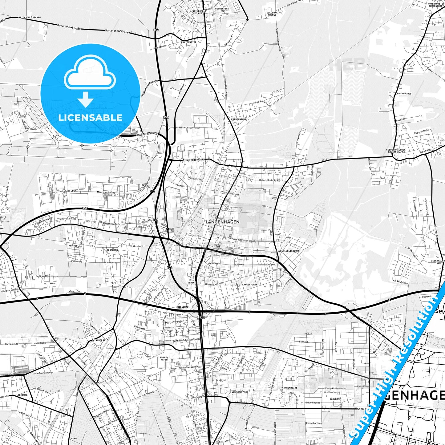 Langenhagen, Germany Light Map with Street Names, City Names, and Districts