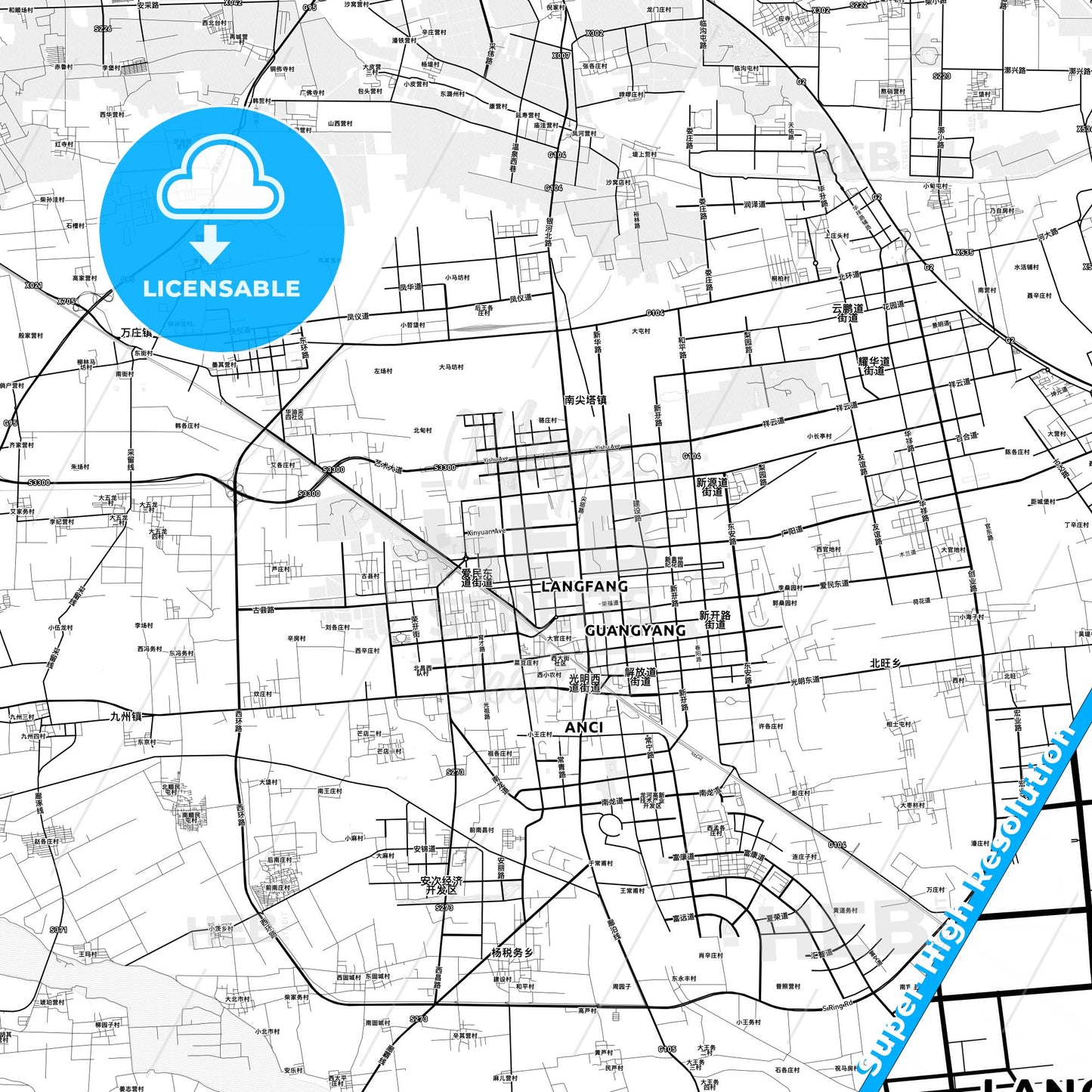 Langfang, China light map with streetnames, citynames and districts