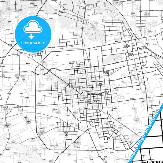 Langfang, China light map with streetnames, citynames and districts