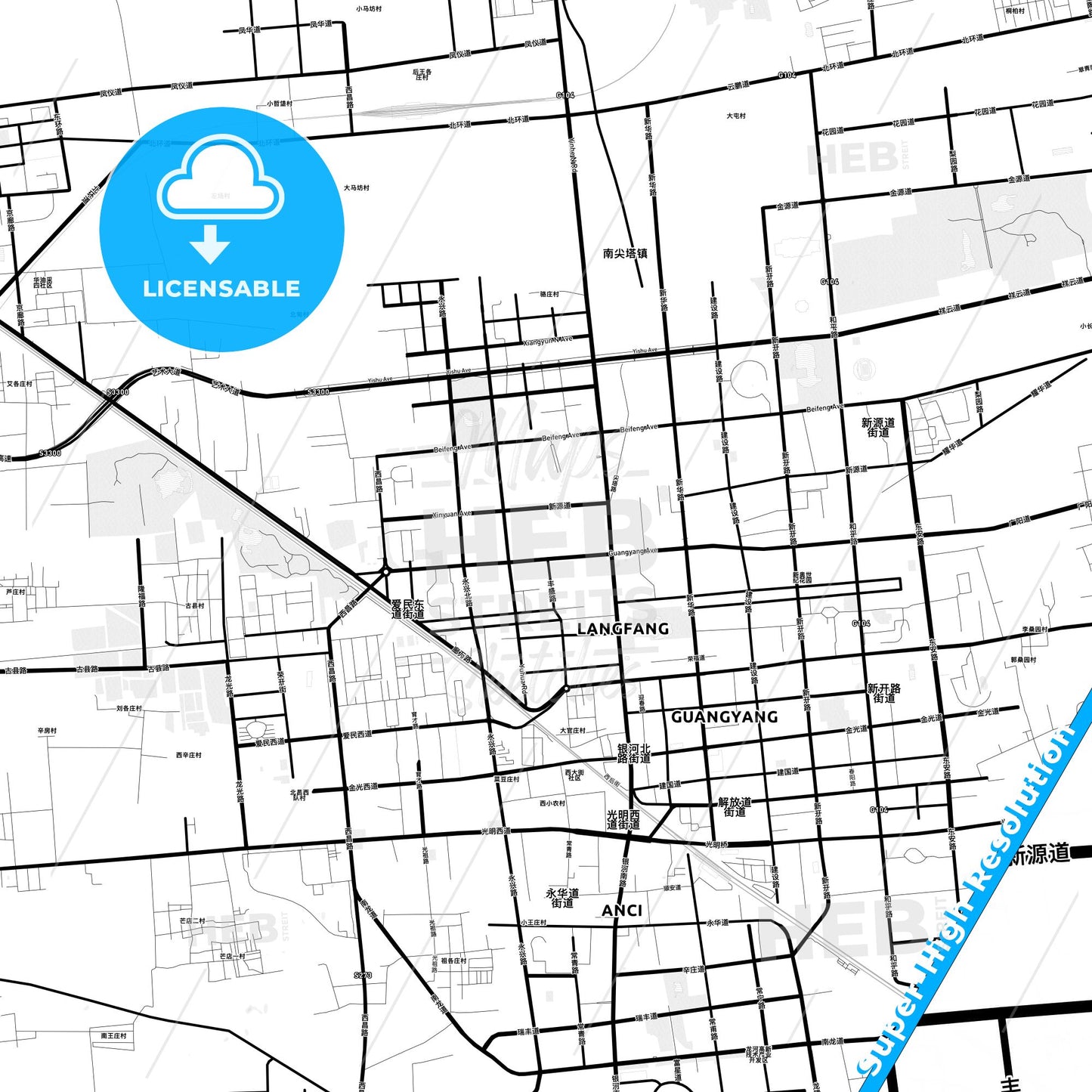 Langfang, China Light Map with Street Names, City Names, and Districts