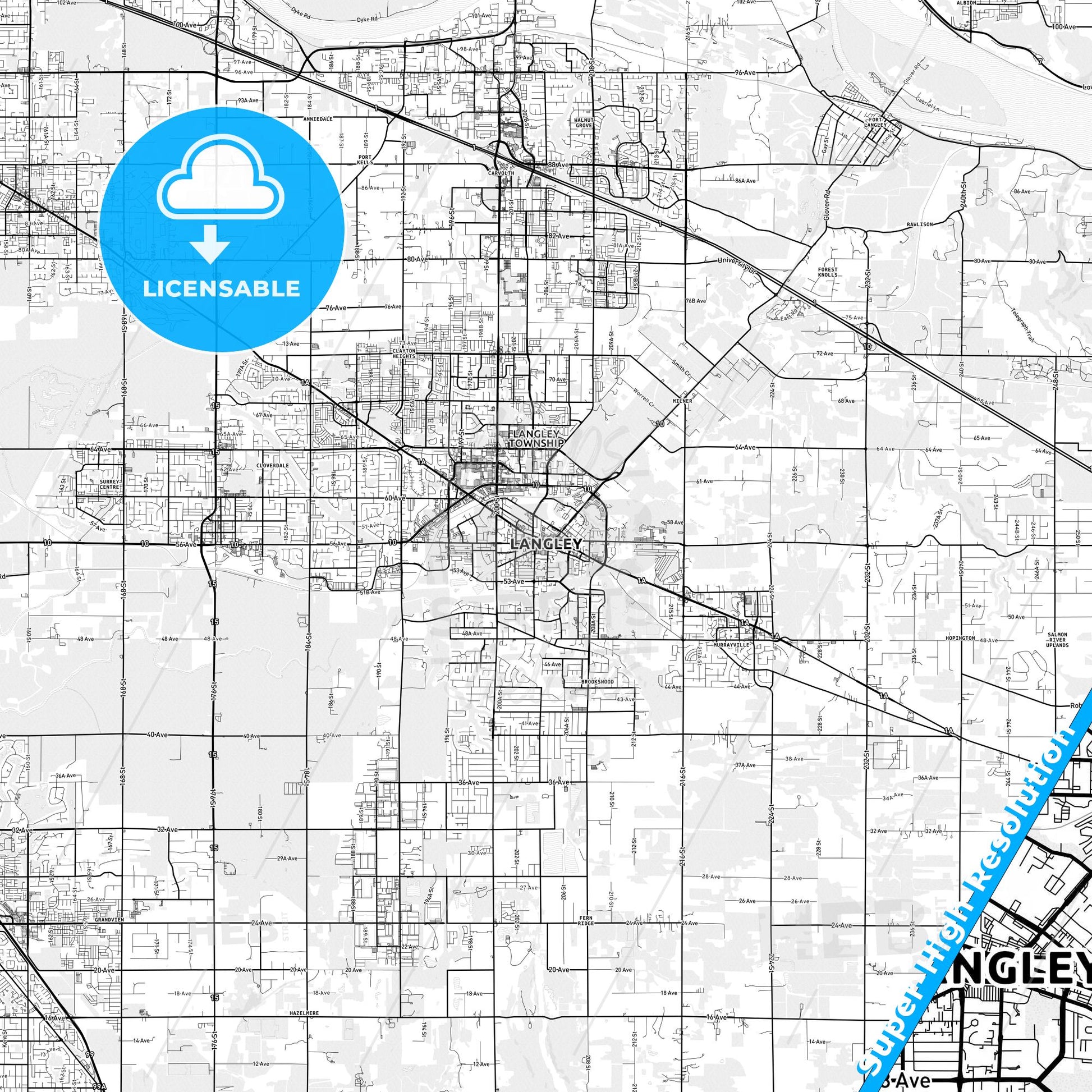 Langley, Canada light map with streetnames, citynames and districts