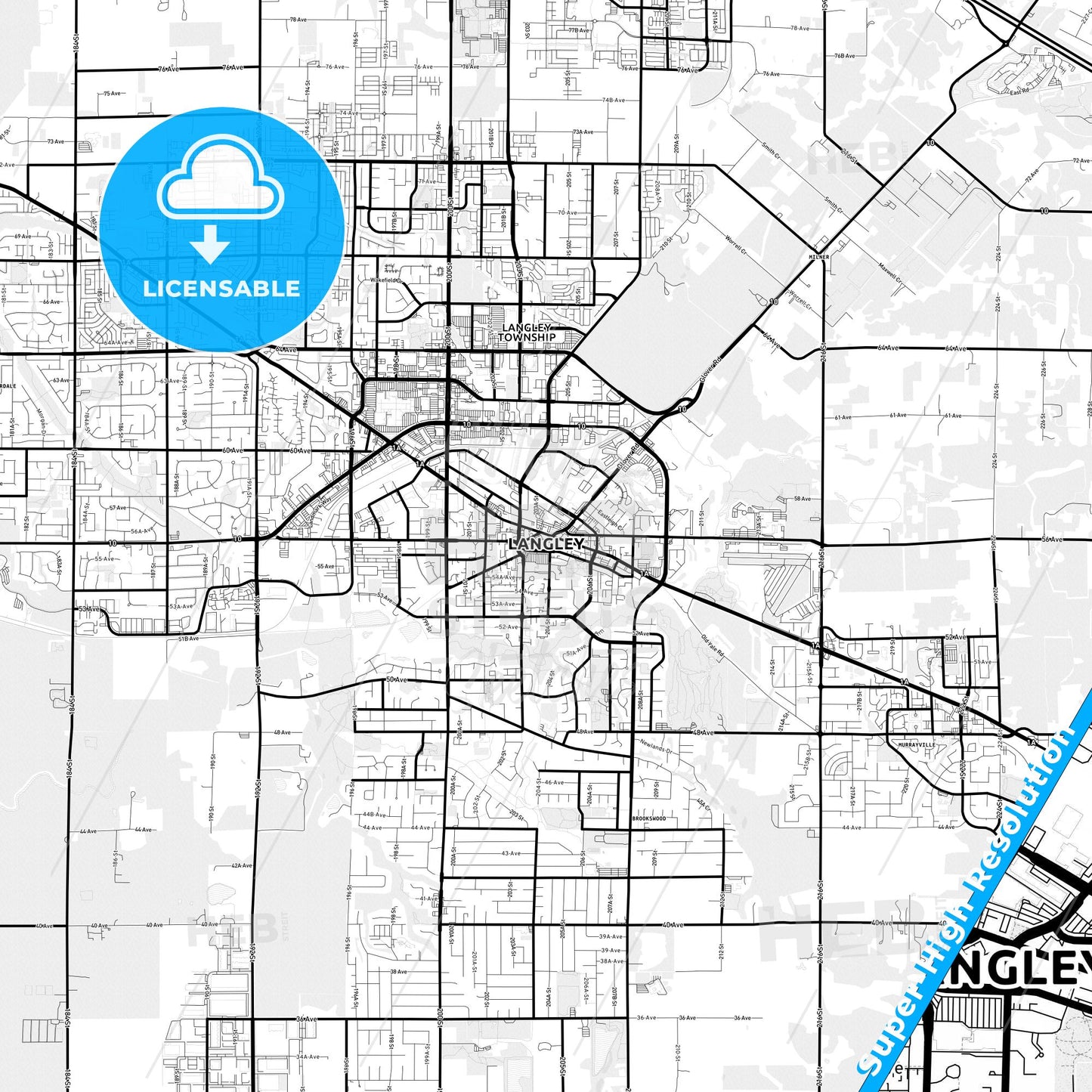 Langley, Canada Light Map with Street Names, City Names, and Districts
