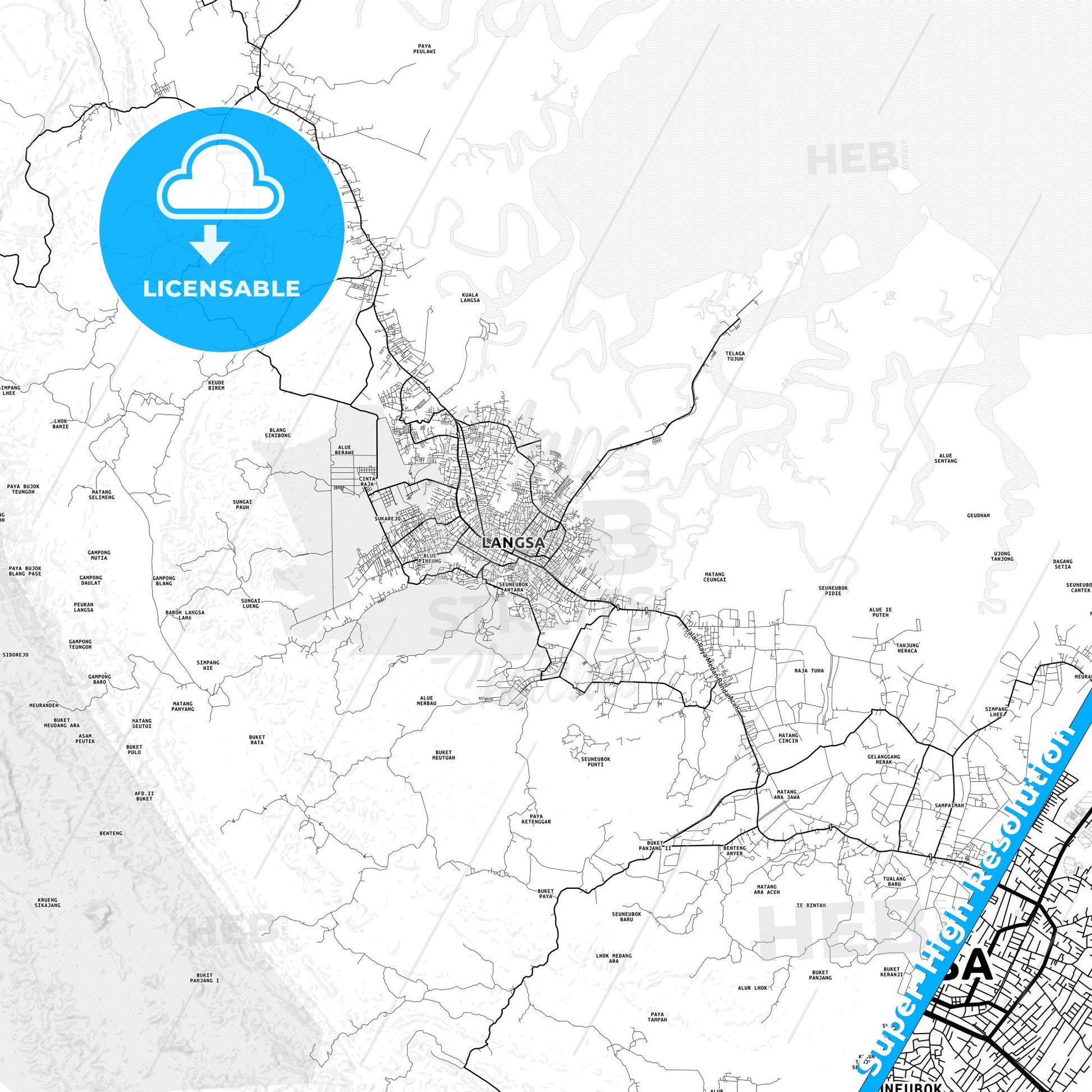 Langsa, Indonesia light map with streetnames, citynames and districts