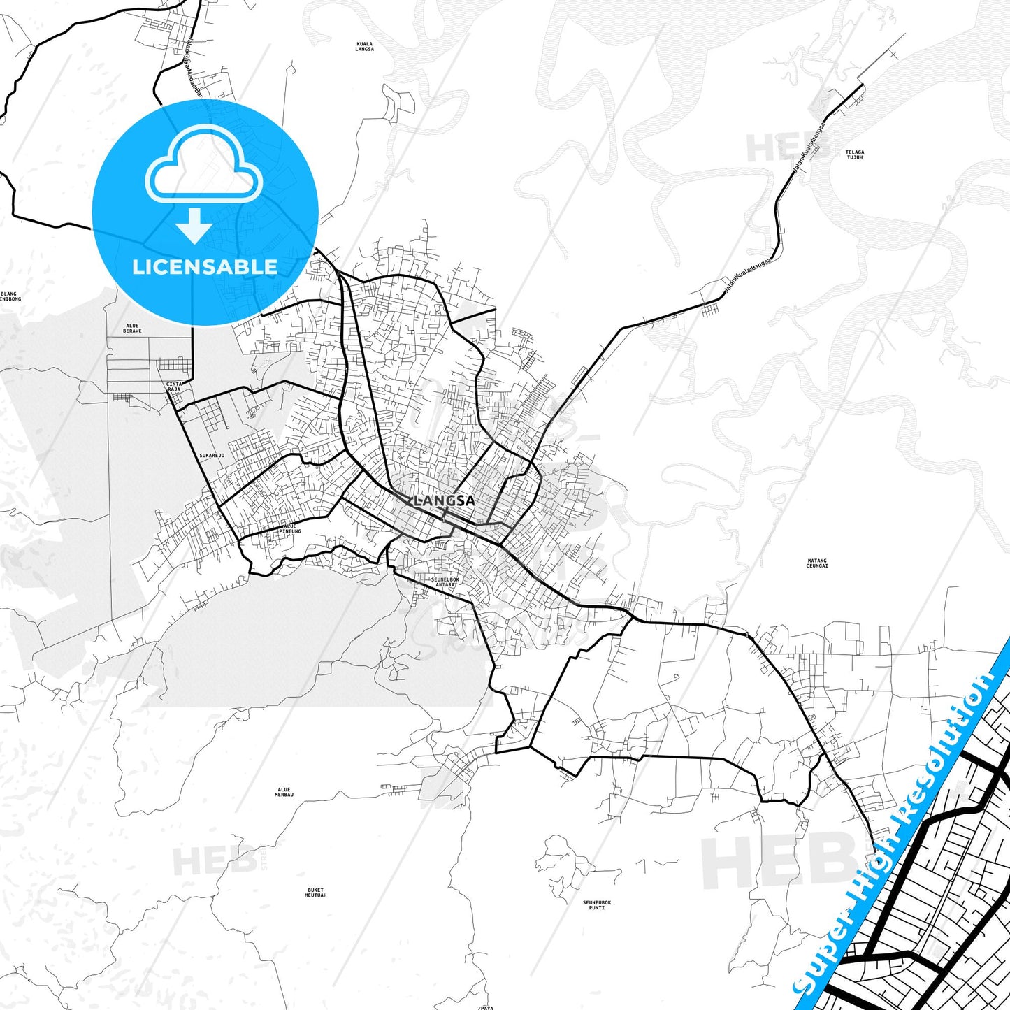 Langsa, Indonesia Light Map with Street Names, City Names, and Districts