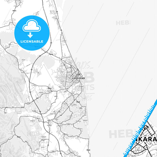 Lankaran, Azerbaijan light map with streetnames, citynames and districts