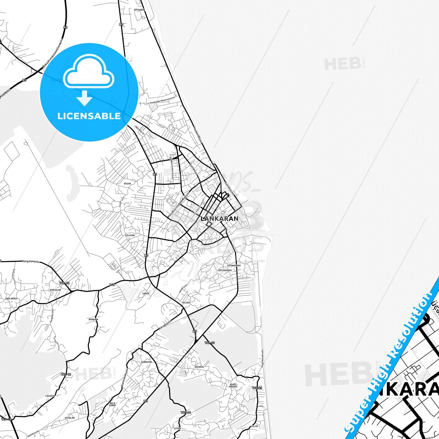 Lankaran, Azerbaijan Light Map with Street Names, City Names, and Districts