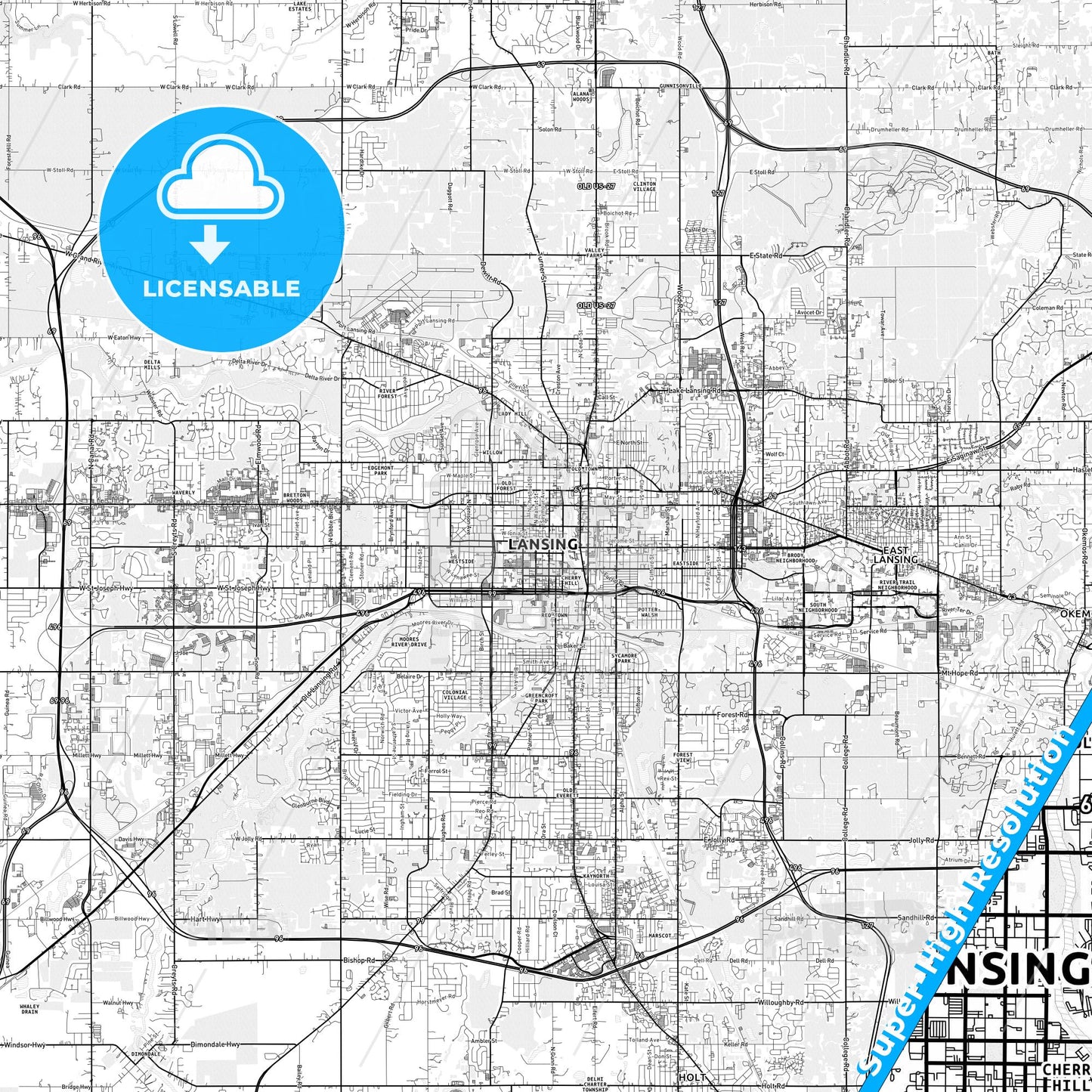 Lansing, Michigan light map with streetnames, citynames and districts