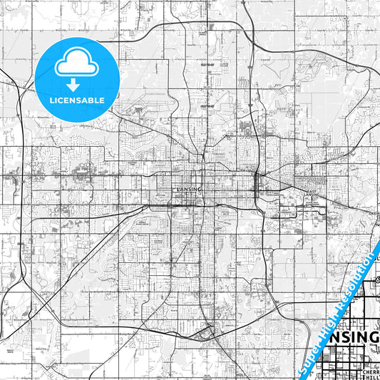 Lansing, Michigan light map with streetnames, citynames and districts