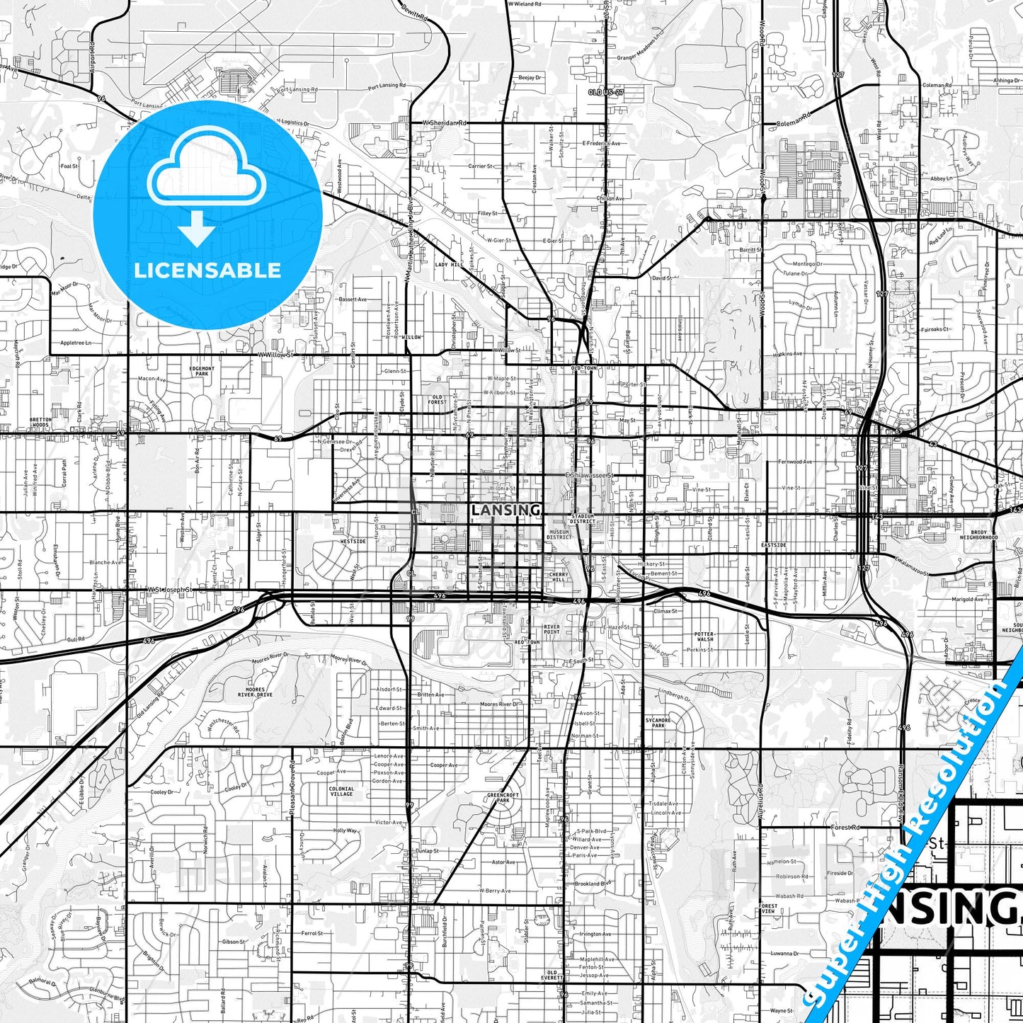 Lansing, Michigan Light Map with Street Names, City Names, and Districts