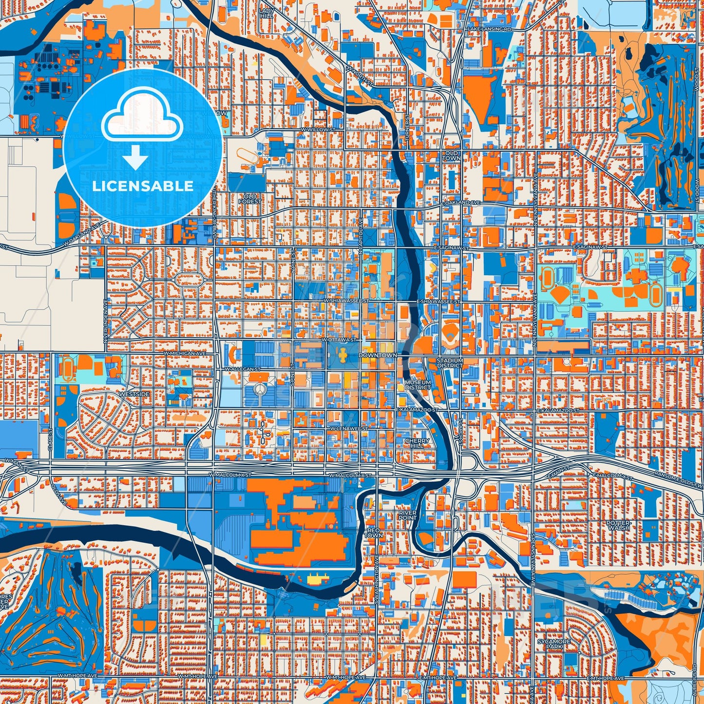 Colorful Lansing Street Map with Labels and Buildings