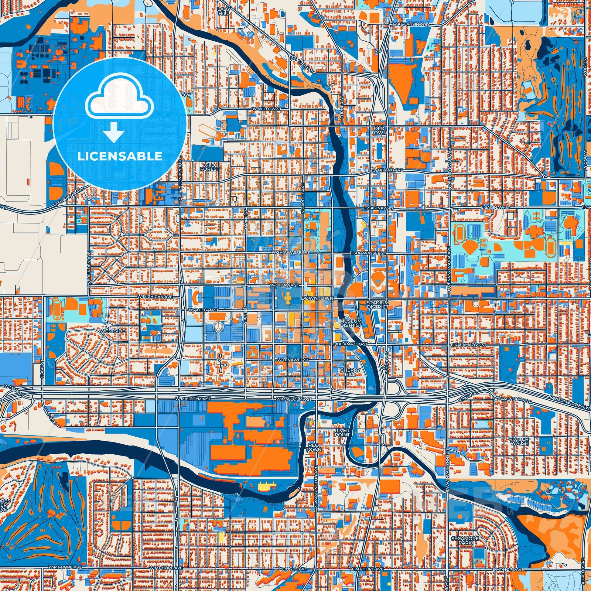 Colorful Lansing Street Map with Labels and Buildings