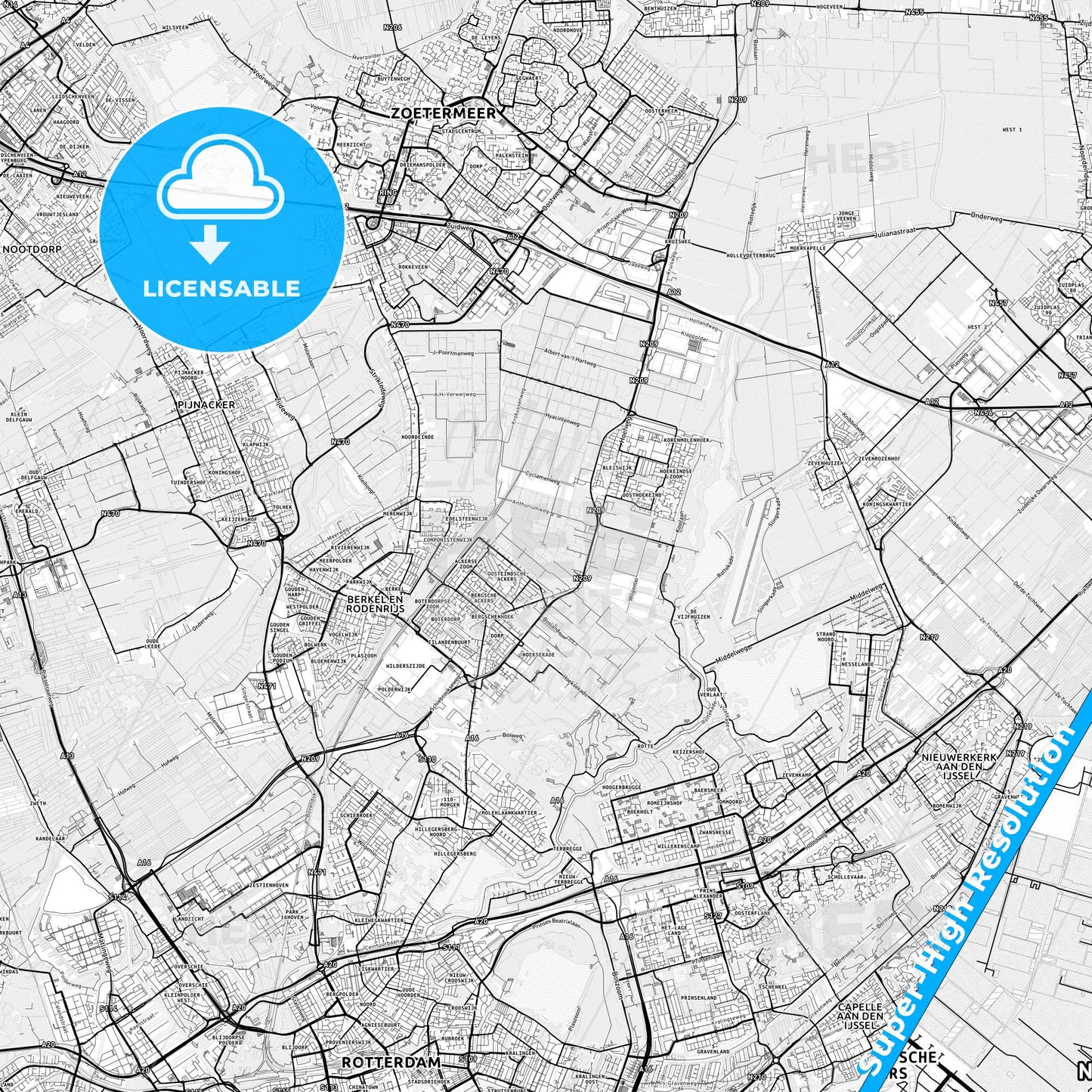 Lansingerland, Netherlands light map with streetnames, citynames and districts