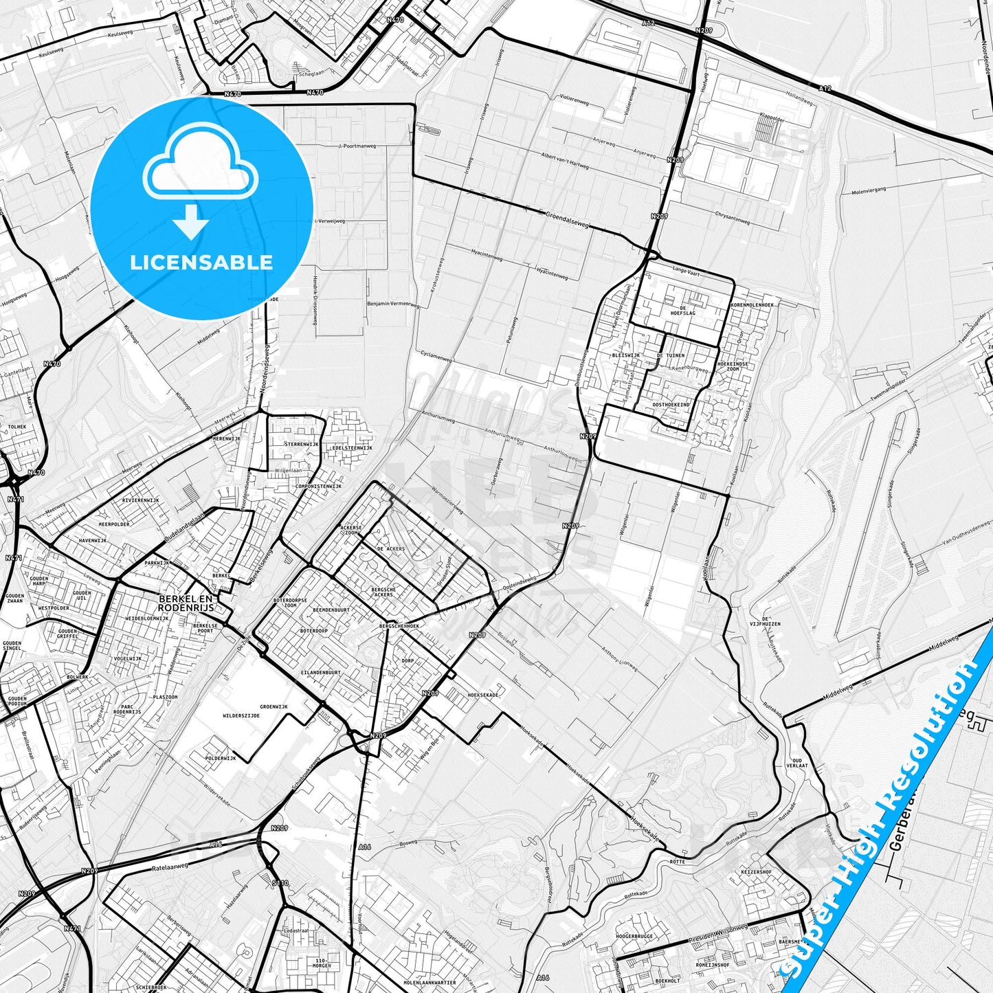 Lansingerland, Netherlands Light Map with Street Names, City Names, and Districts