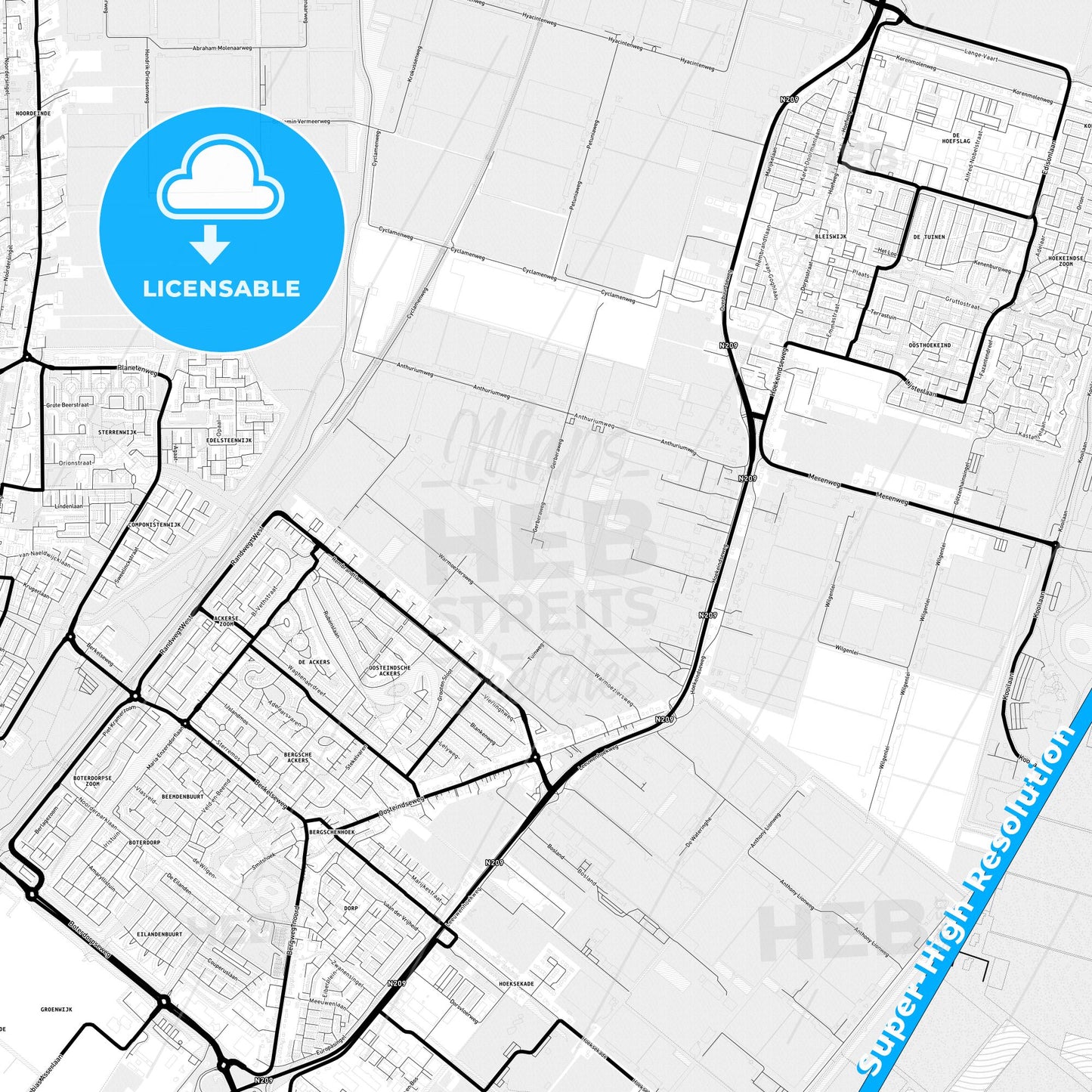 Lansingerland, Netherlands Light Map with Street Names, City Names, and Districts