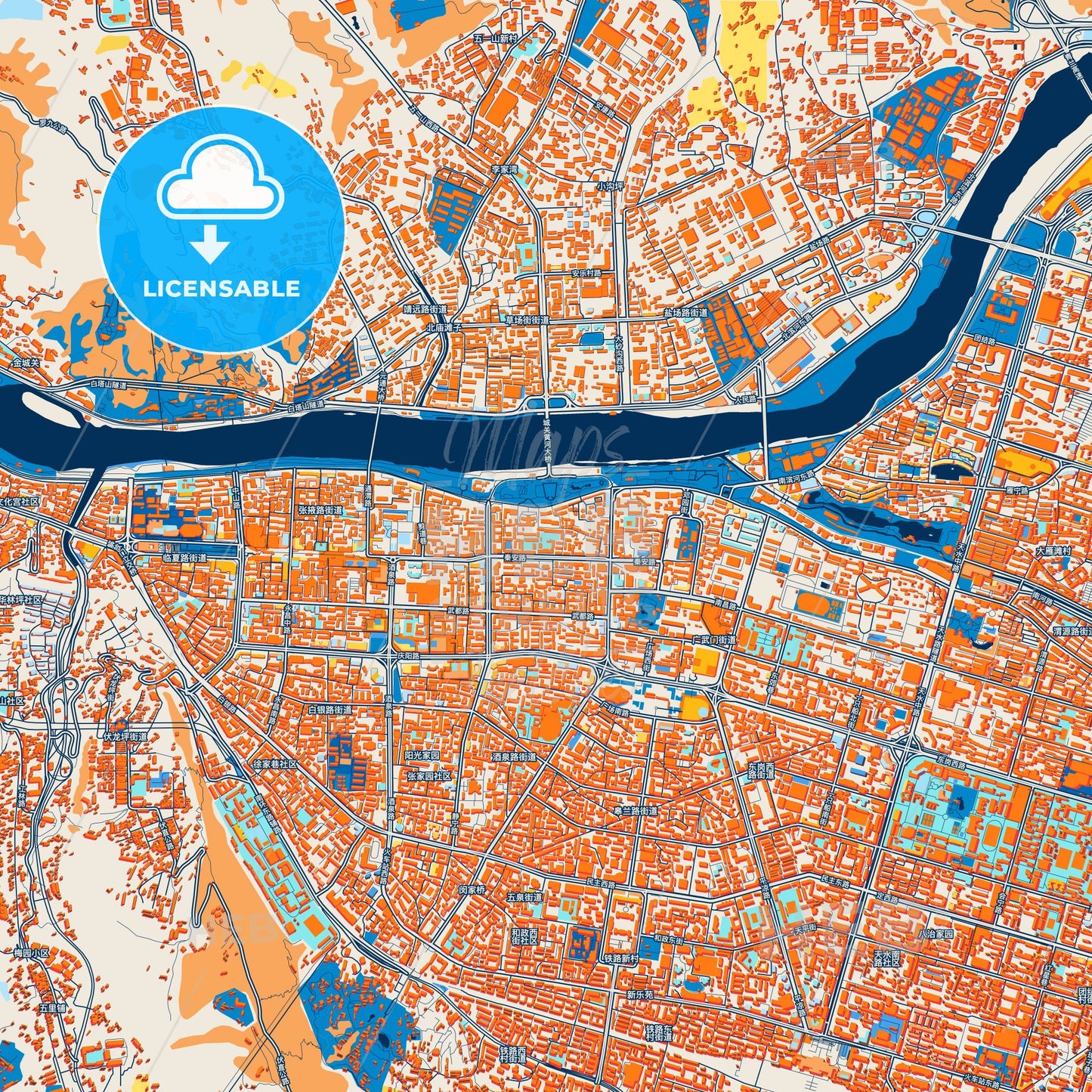 Colorful Lanzhou Street Map with Labels and Buildings