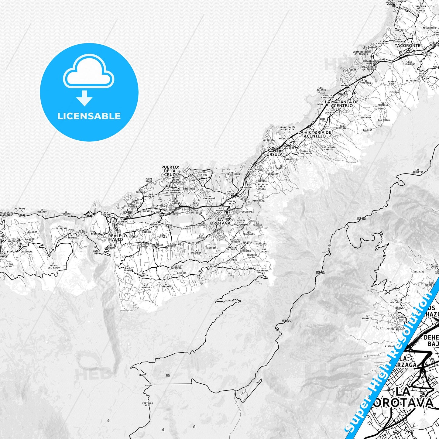 La Orotava, Spain light map with streetnames, citynames and districts