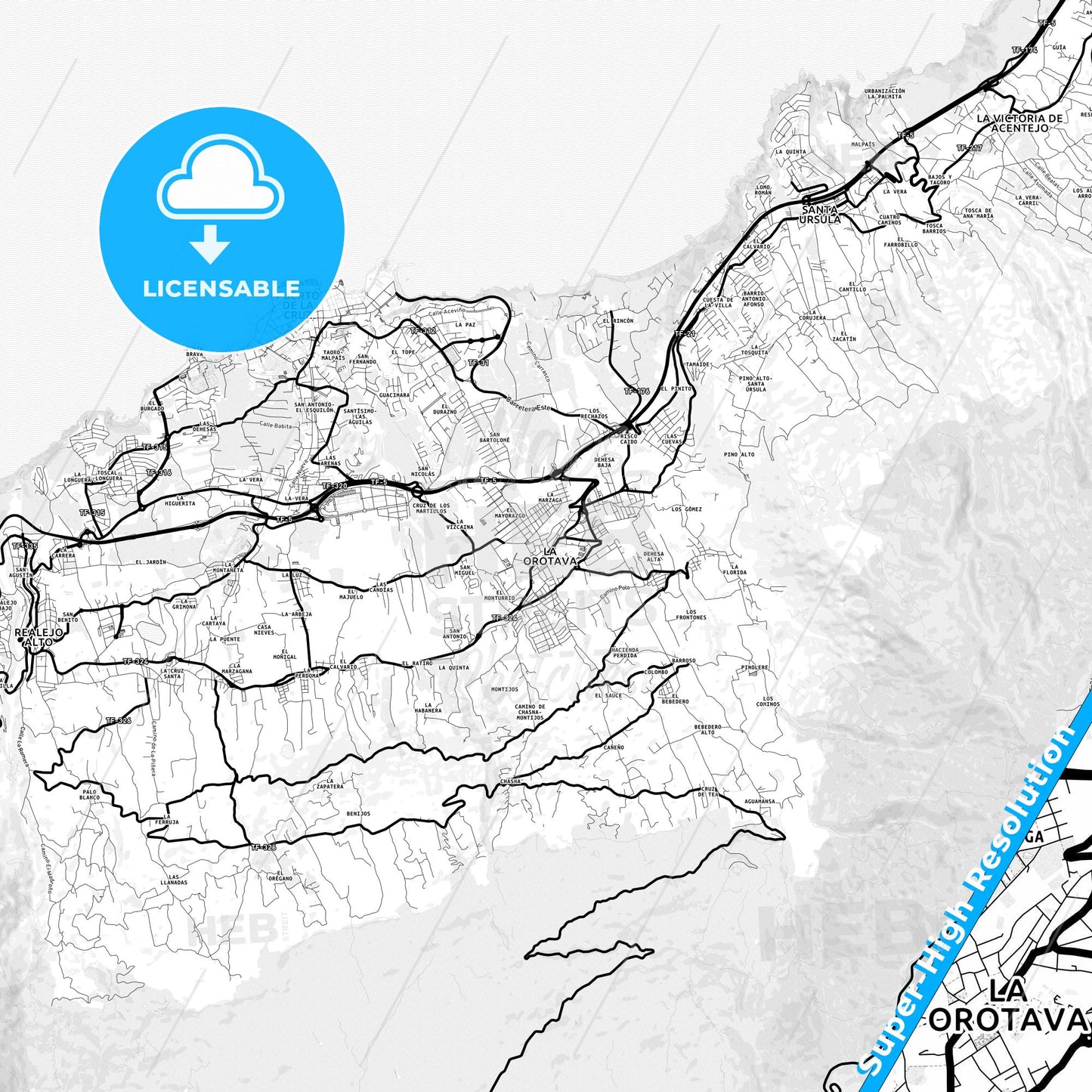 La Orotava, Spain Light Map with Street Names, City Names, and Districts
