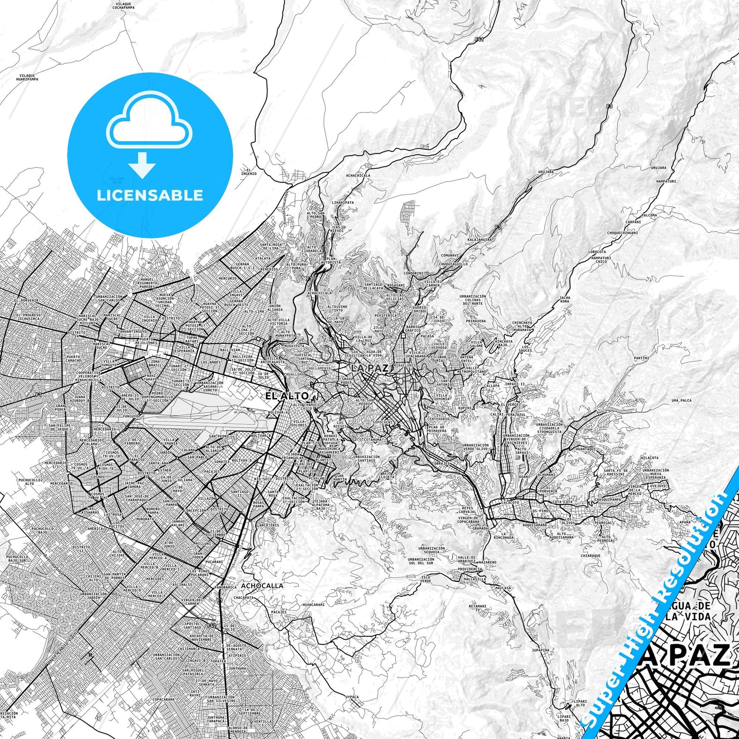 La Paz, Bolivia light map with streetnames, citynames and districts