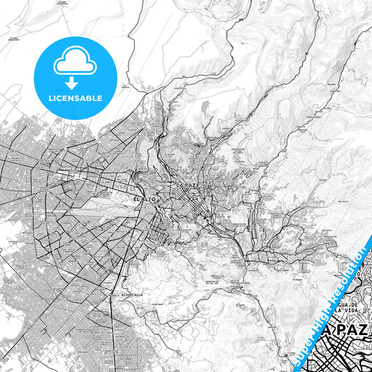 La Paz, Bolivia light map with streetnames, citynames and districts