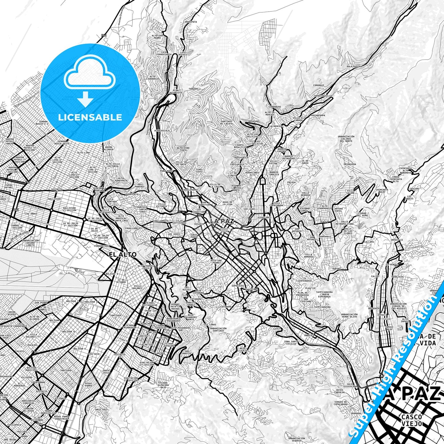 La Paz, Bolivia Light Map with Street Names, City Names, and Districts