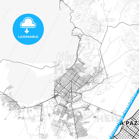 La Paz, Mexico light map with streetnames, citynames and districts