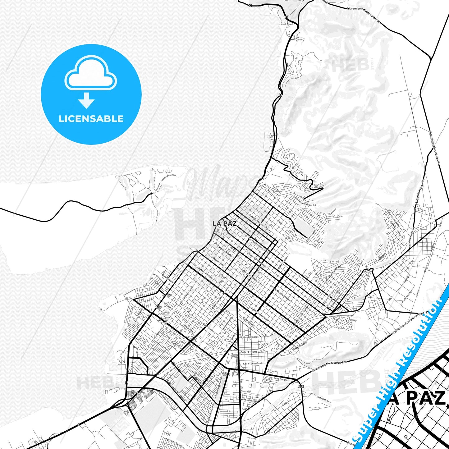 La Paz, Mexico Light Map with Street Names, City Names, and Districts